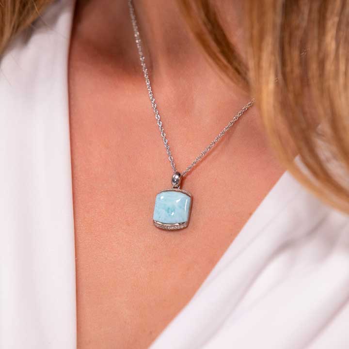 Larimar Sterling Silver Joy Necklace Marahlago Jewelry Cushion Gemstone White Sapphire