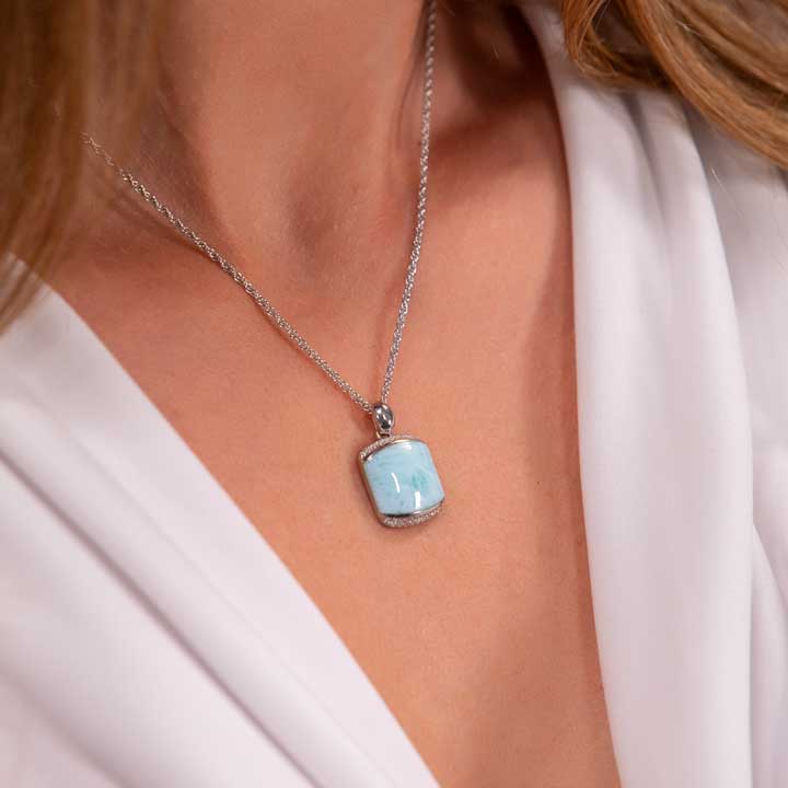 Larimar Sterling Silver Joy Necklace Marahlago Jewelry Cushion Gemstone White Sapphire