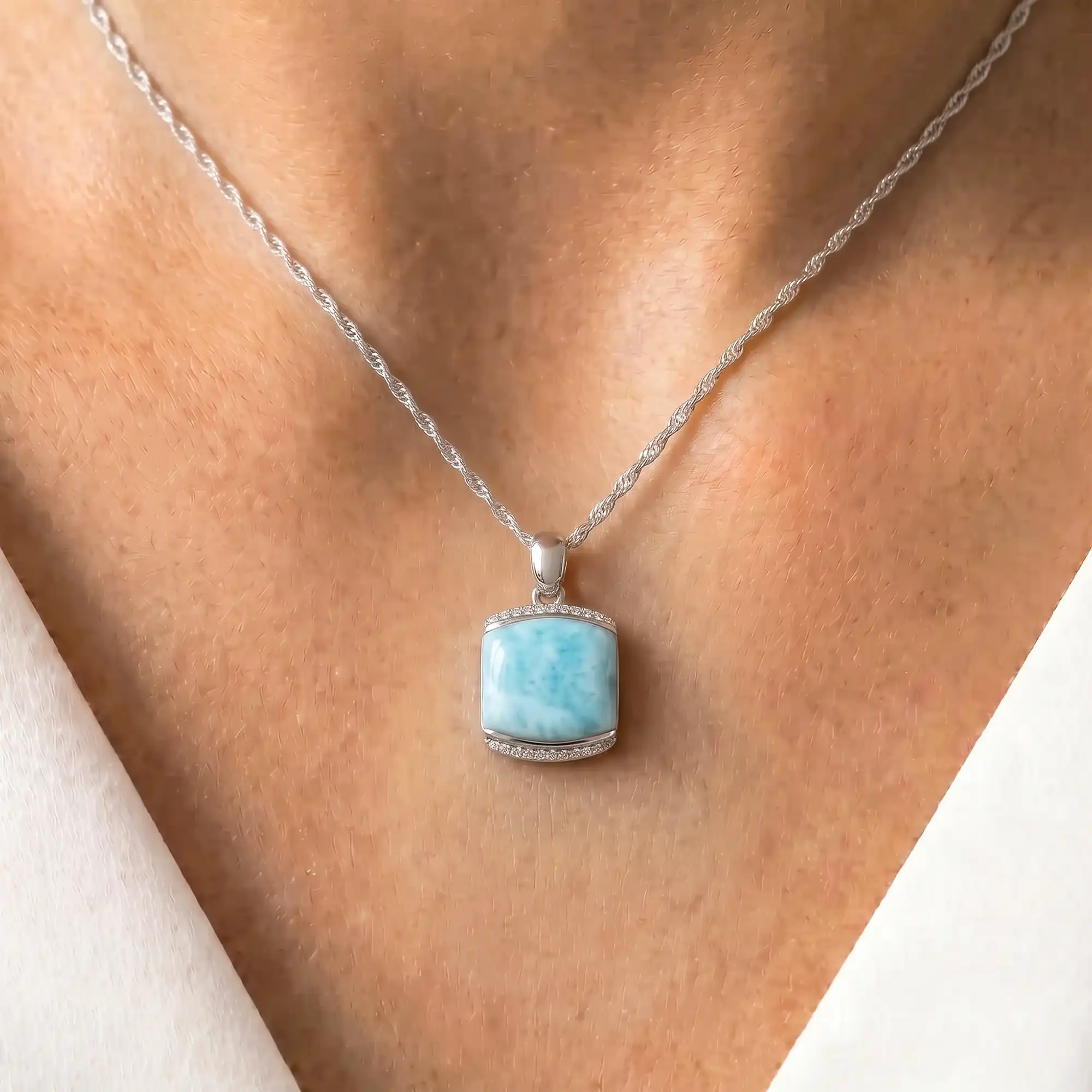 Larimar Sterling Silver Joy Necklace Marahlago Jewelry Cushion Gemstone White Sapphire