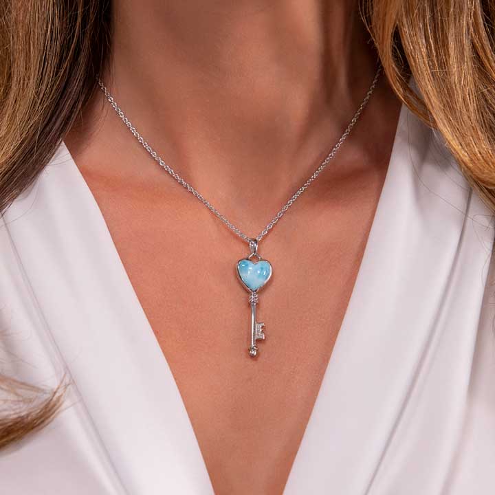 Larimar Sterling Silver Key Heart Pendant Necklace Marahlago Jewelry heart Gemstone White Sapphire 