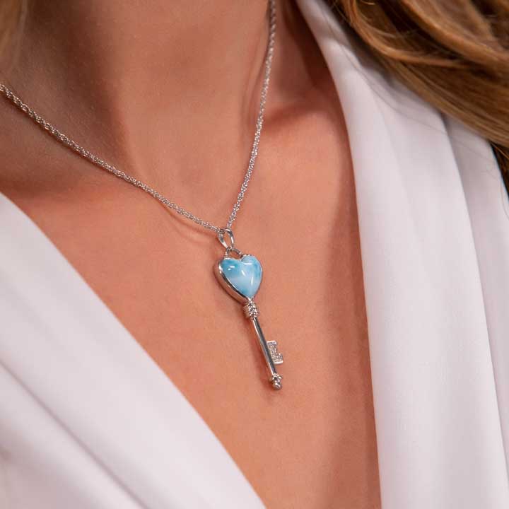 Larimar Sterling Silver Key Heart Pendant Necklace Marahlago Jewelry heart Gemstone White Sapphire 