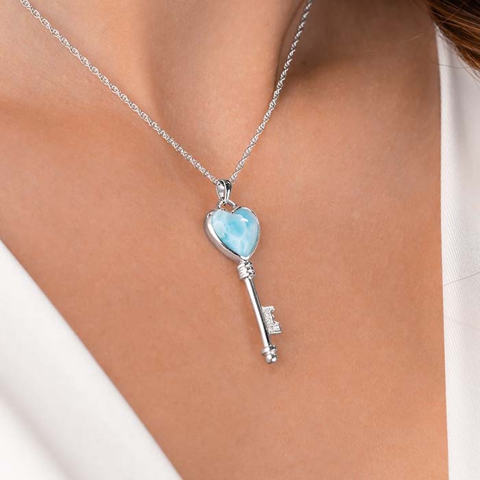 Key Necklace in sterling silver with larimar gemstones 