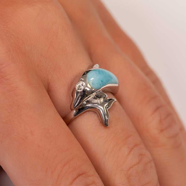 Dolphin Ring in sterling silver with larimar stones by Marahlago Jewelry