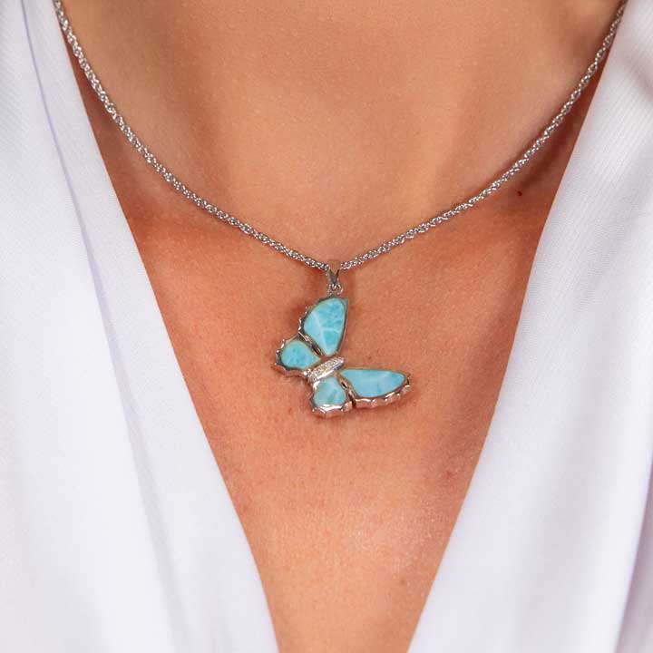 Butterfly Necklace in Silver with Larimar stone 