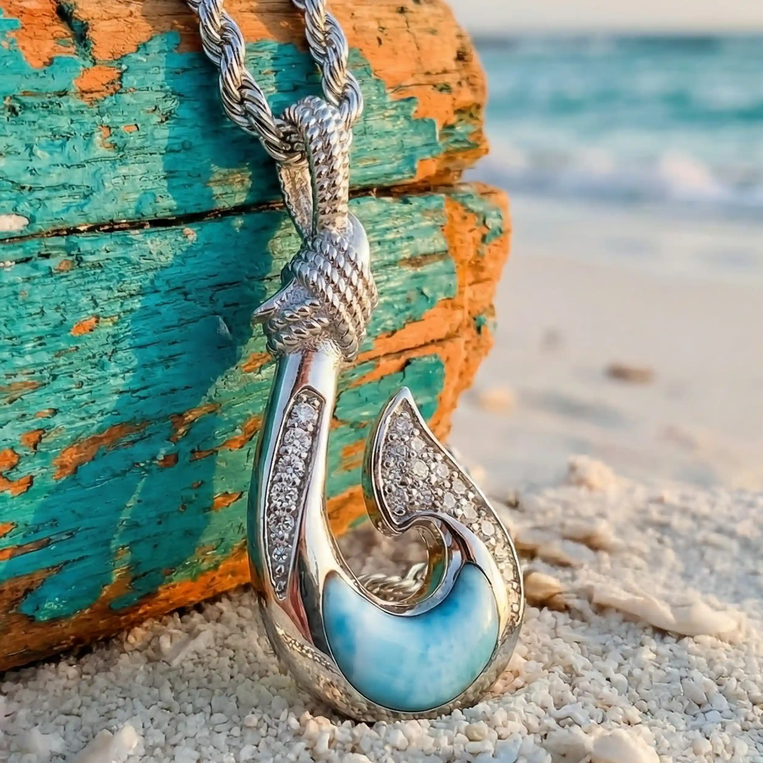 Fish Hook Pendant With White Sapphire in Sterling Silver