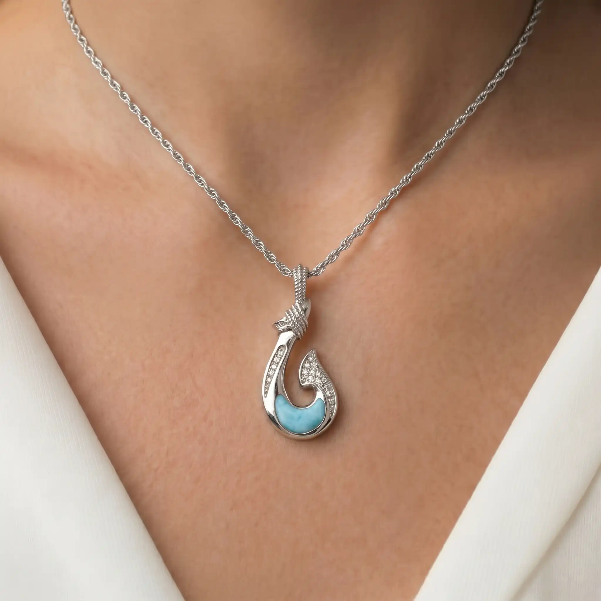 Fish Hook Pendant With White Sapphire in Sterling Silver by marahlago jewelry