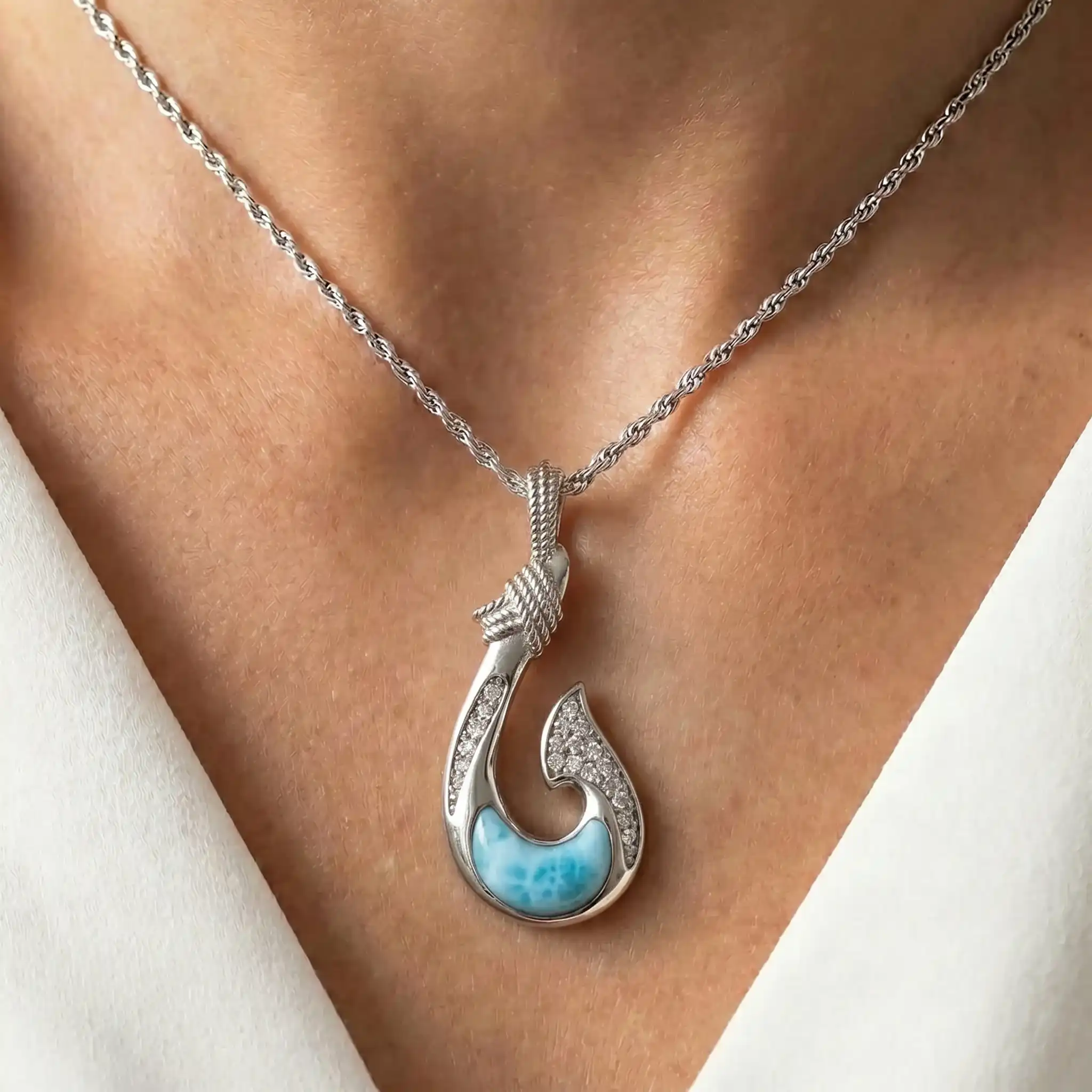 Fish Hook Pendant With White Sapphire in Sterling Silver by marahlago jewelry