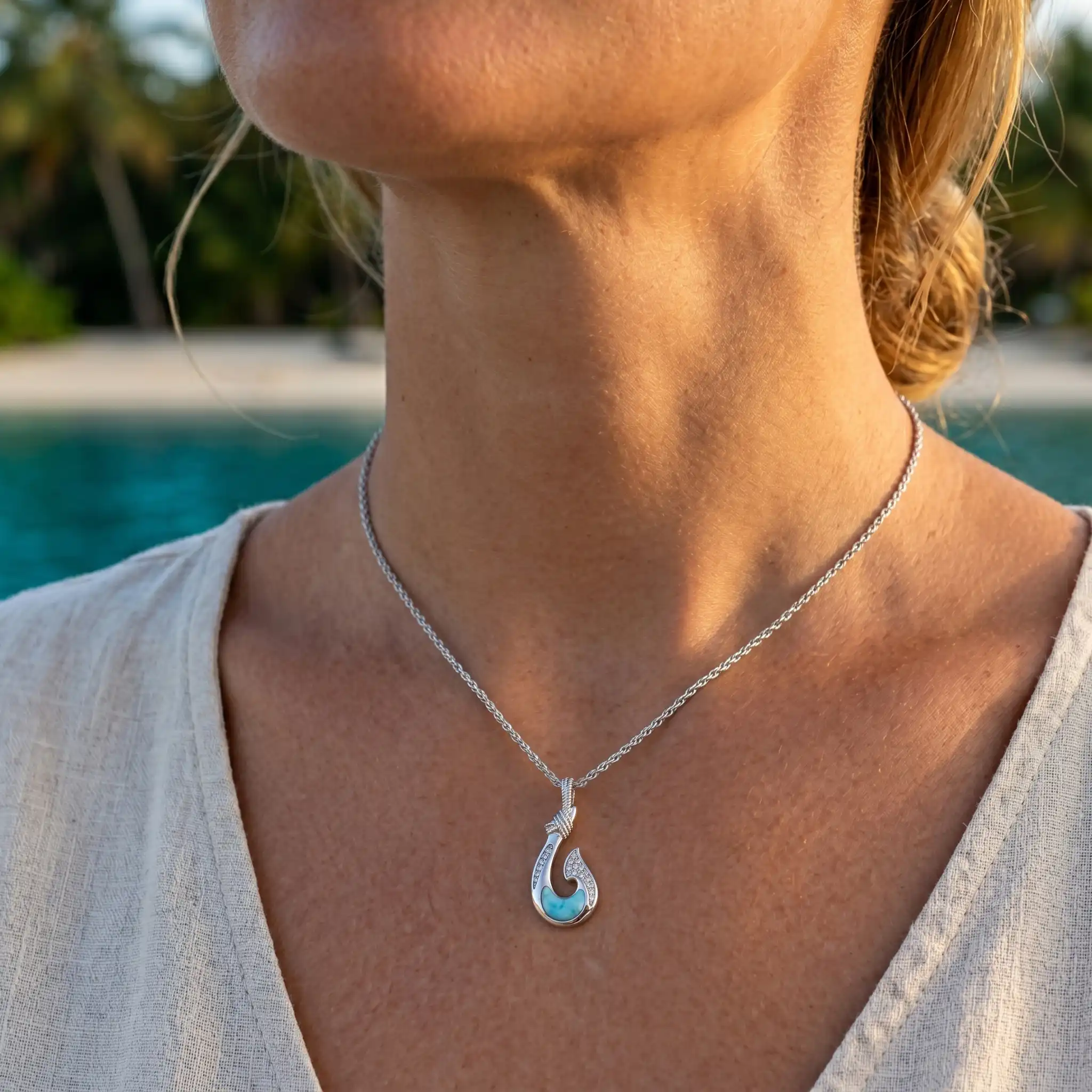 Fish Hook Pendant With White Sapphire in Sterling Silver