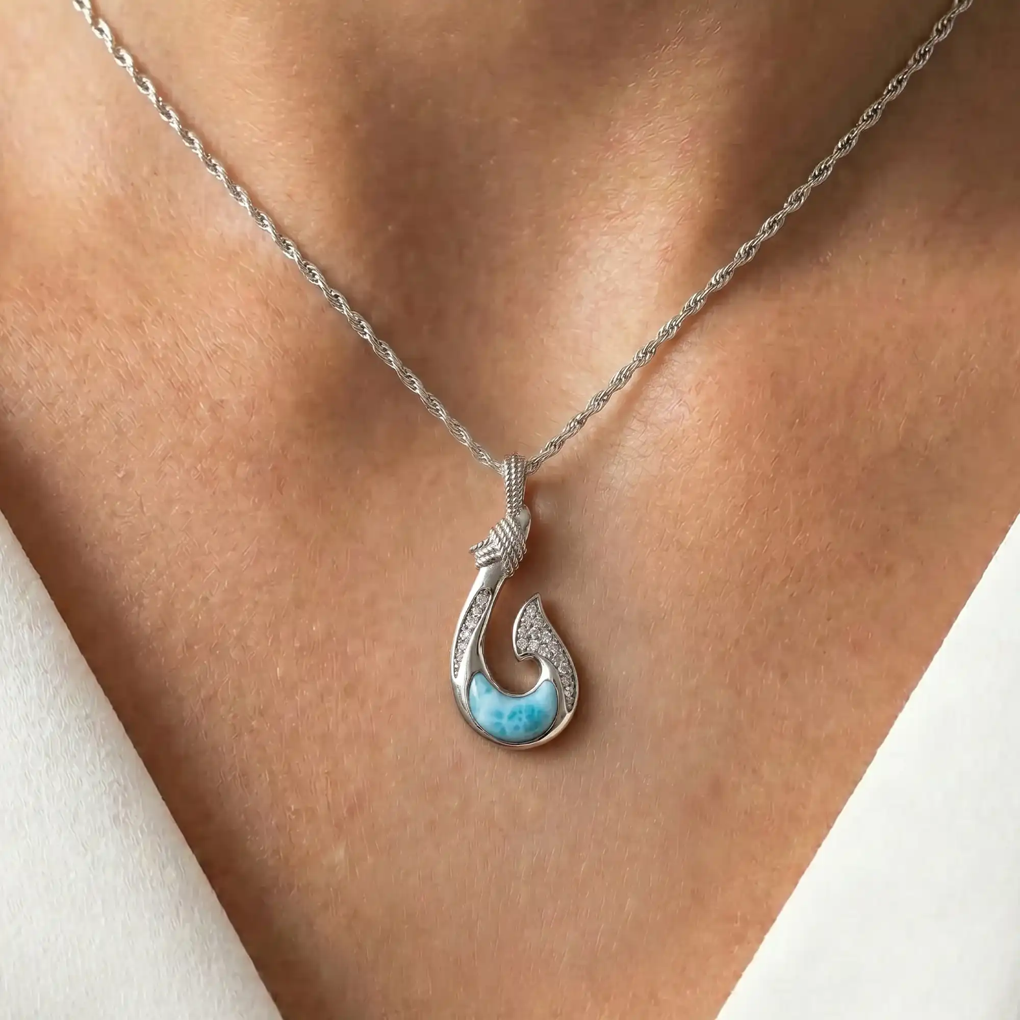 Fish Hook Pendant With White Sapphire in Sterling Silver by marahlago jewelry