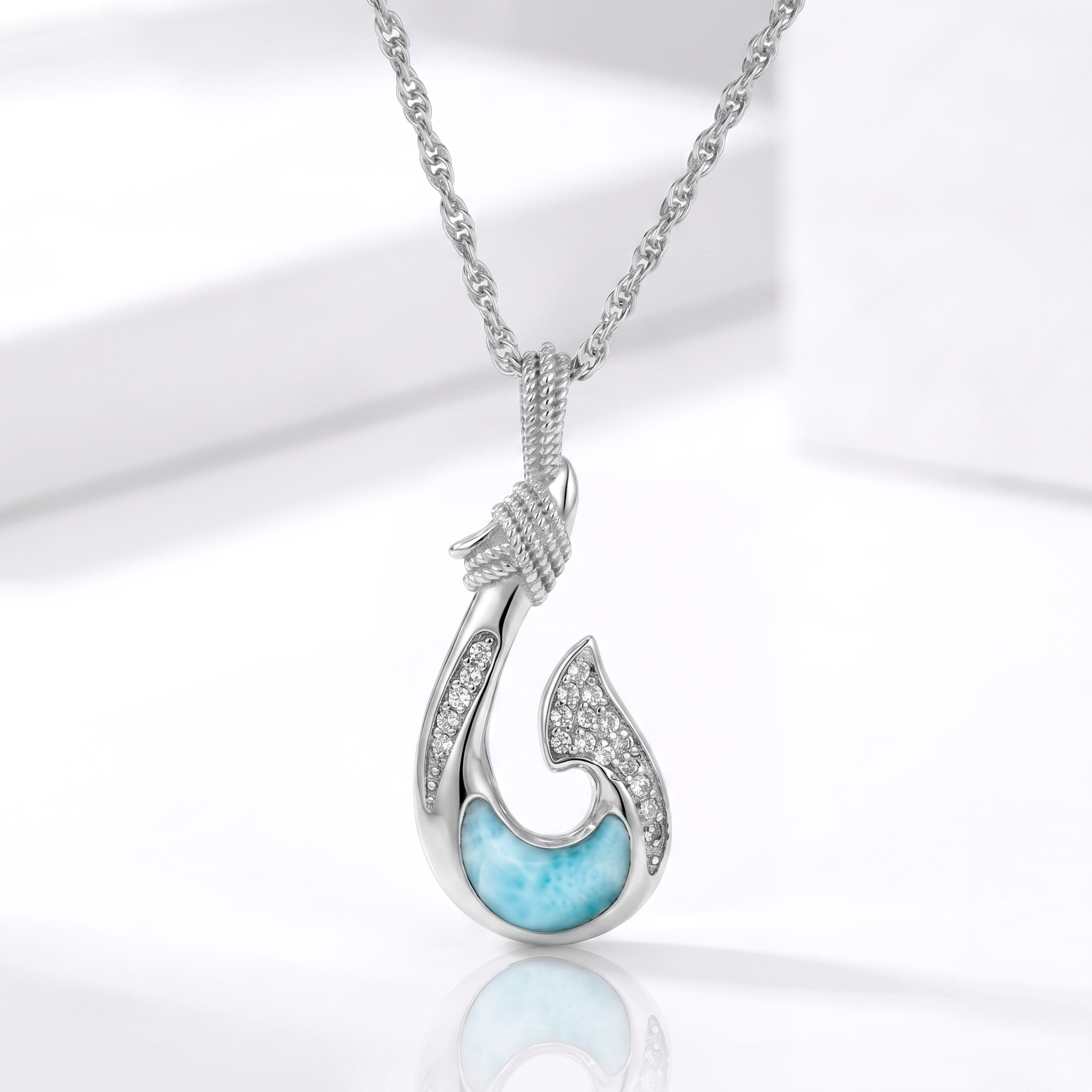 Fish Hook Pendant With White Sapphire by Marahlago Larimar