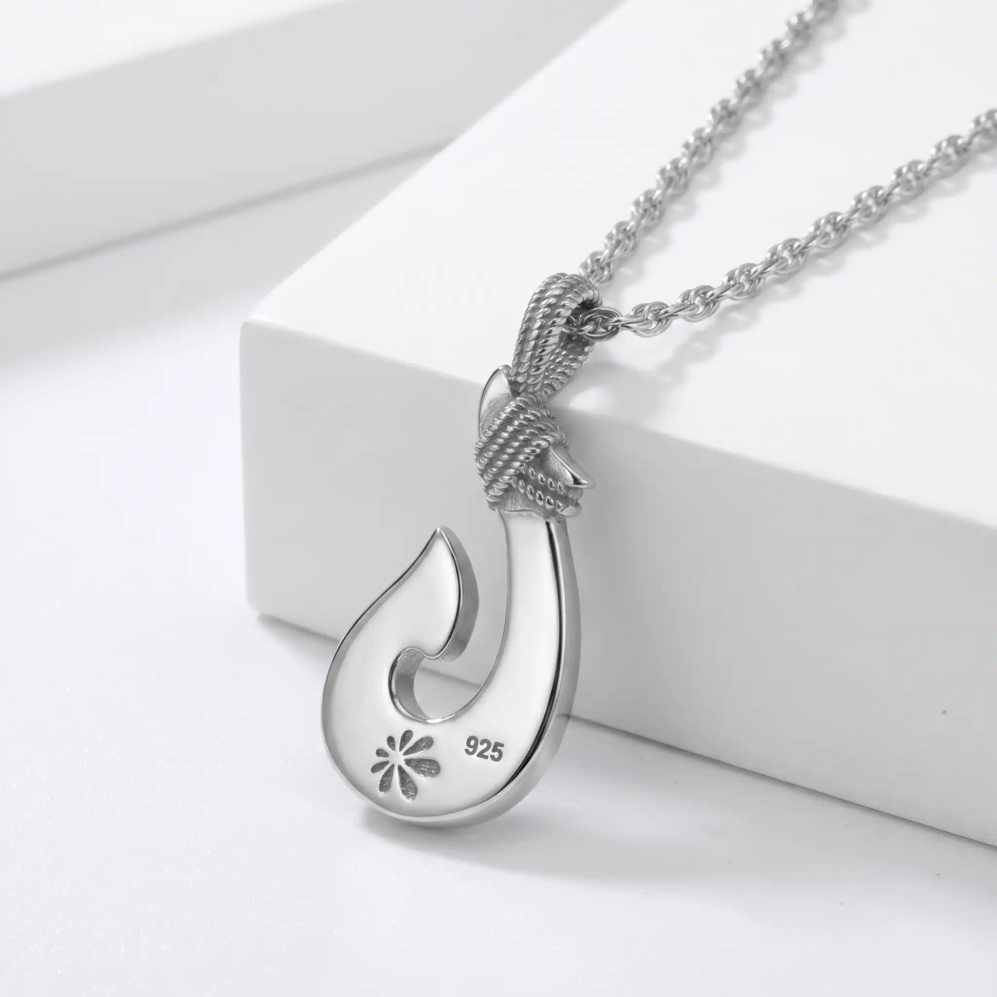 Fish Hook Pendant With White Sapphire in Sterling Silver