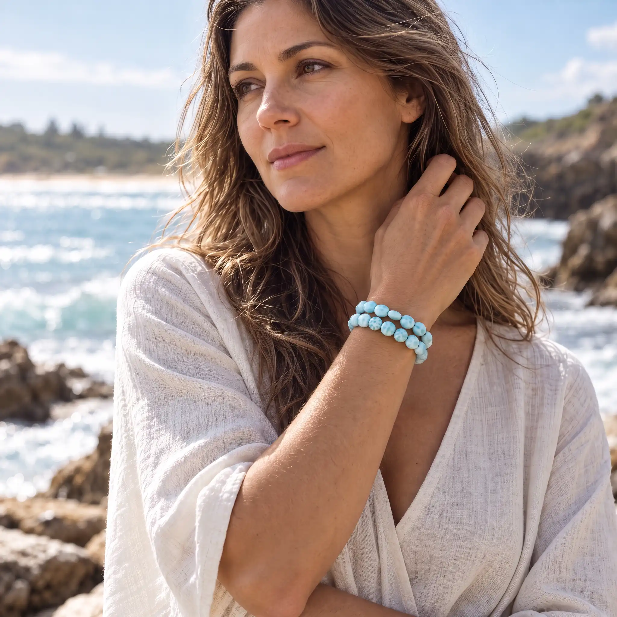 Authentic Larimar sliding Adjustable Bracelet Marahlago fine Jewelry Round Natural Gemstone Coin Beads Macrame braided