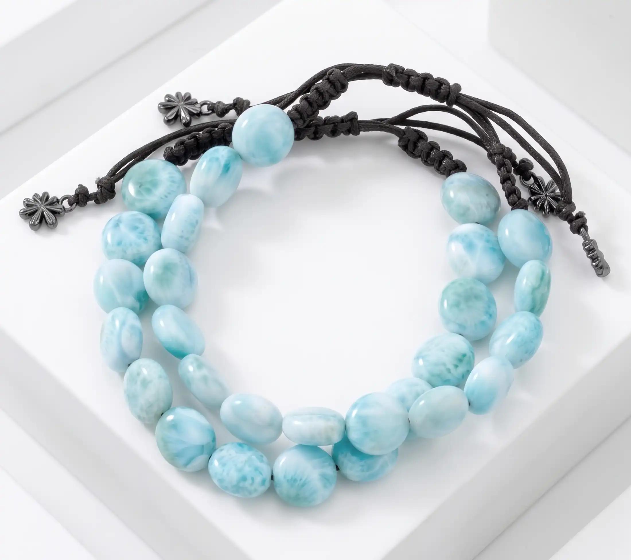 Authentic Larimar sliding Adjustable Bracelet Marahlago fine Jewelry Round Natural Gemstone Beads Macrame braided