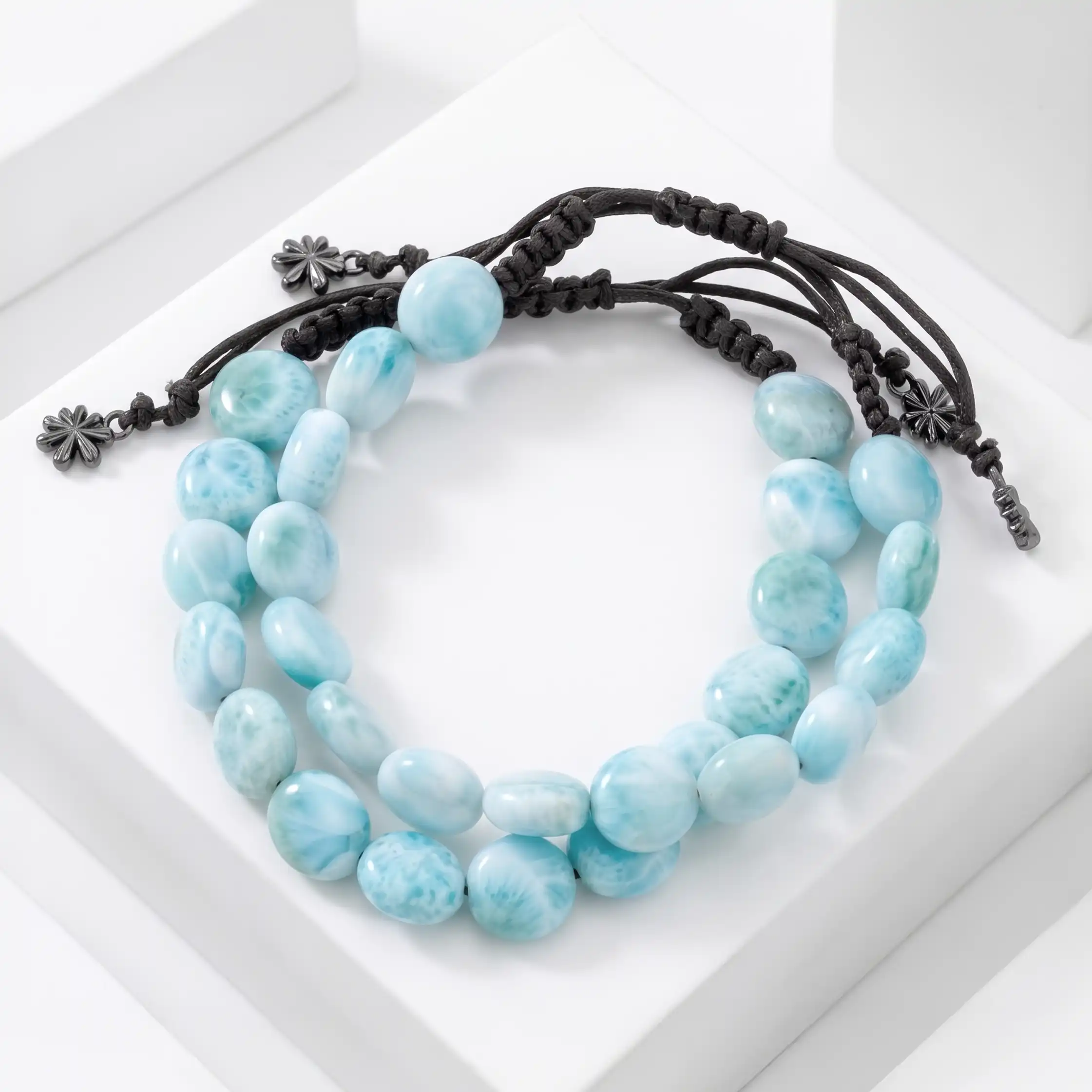 Authentic Larimar sliding Adjustable Bracelet Marahlago fine Jewelry Round Natural Gemstone Beads Macrame braided