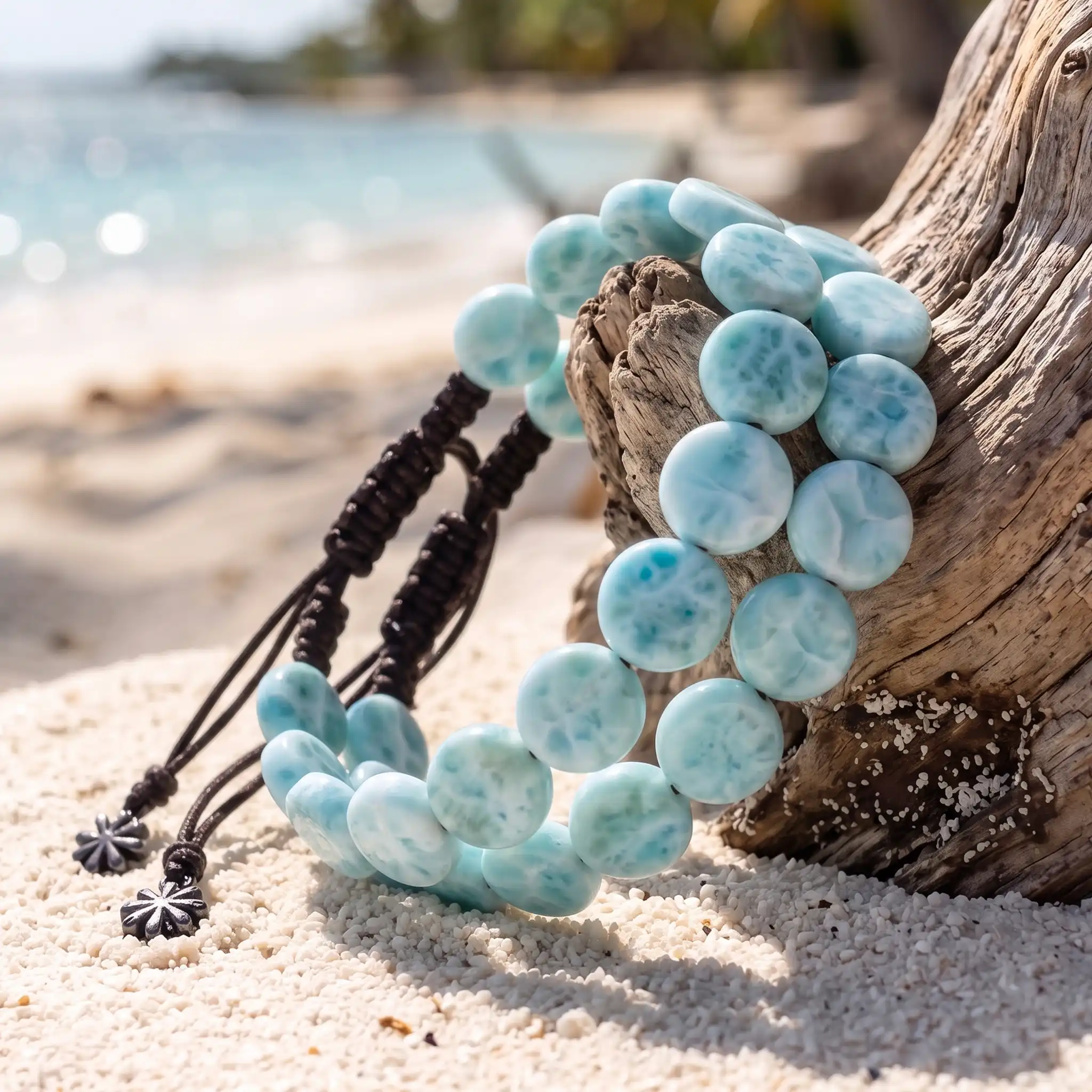 Authentic Larimar sliding Adjustable Bracelet Marahlago fine Jewelry Round Natural Gemstone Coin Beads Macrame braided