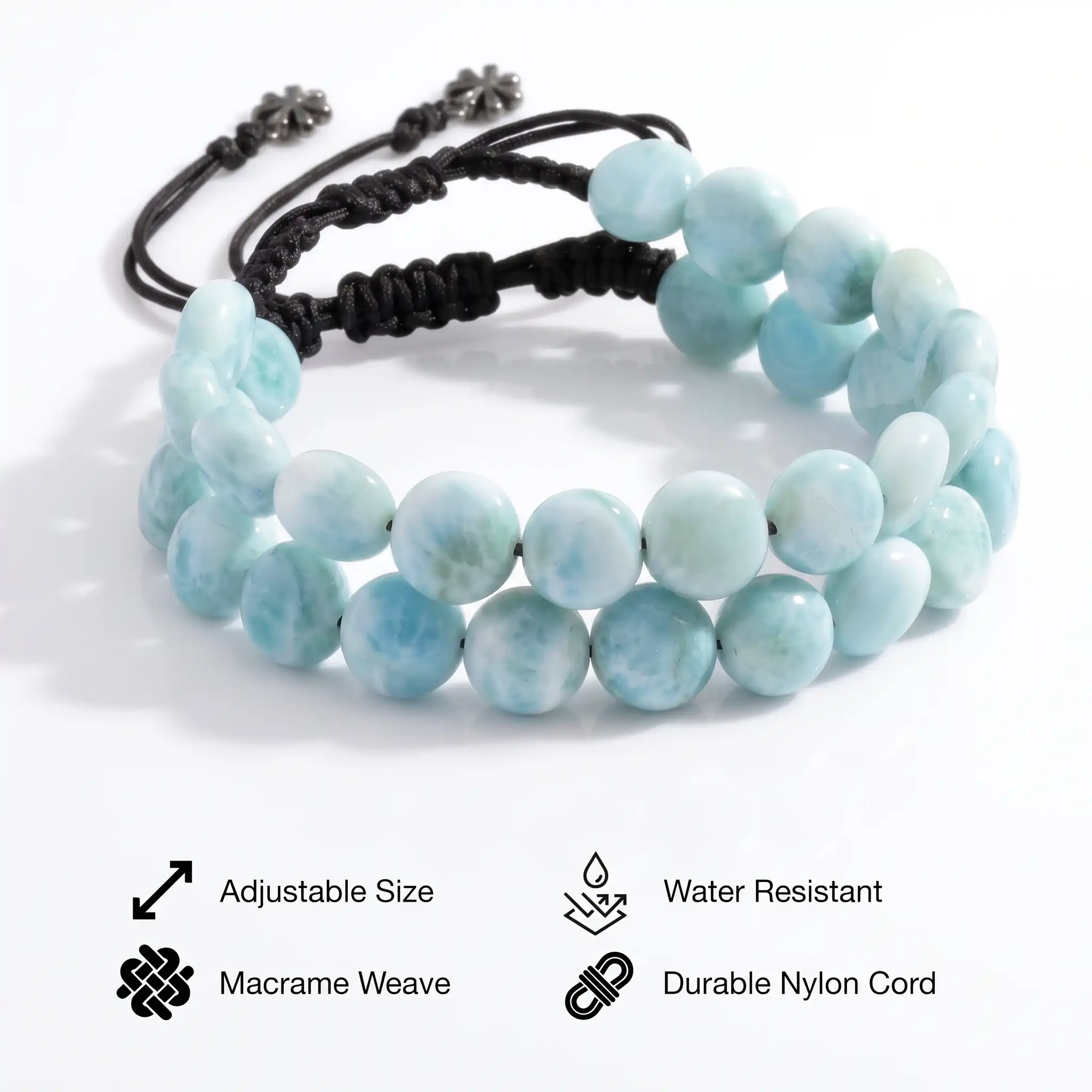 Authentic Larimar sliding Adjustable Bracelet Marahlago fine Jewelry Round Natural Gemstone Beads Macrame braided