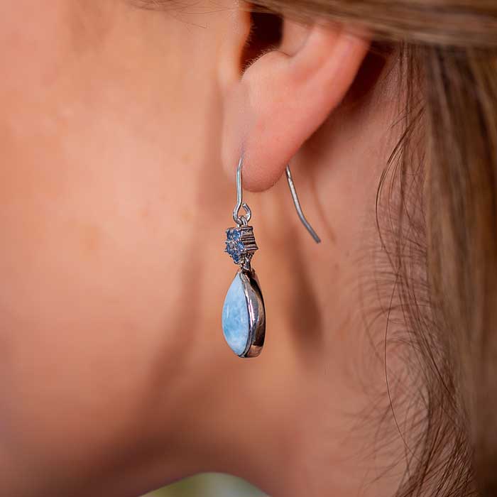 Larimar Sterling Silver Leia Earrings Marahlago Jewelry Pear Gemstone Blue Topaz