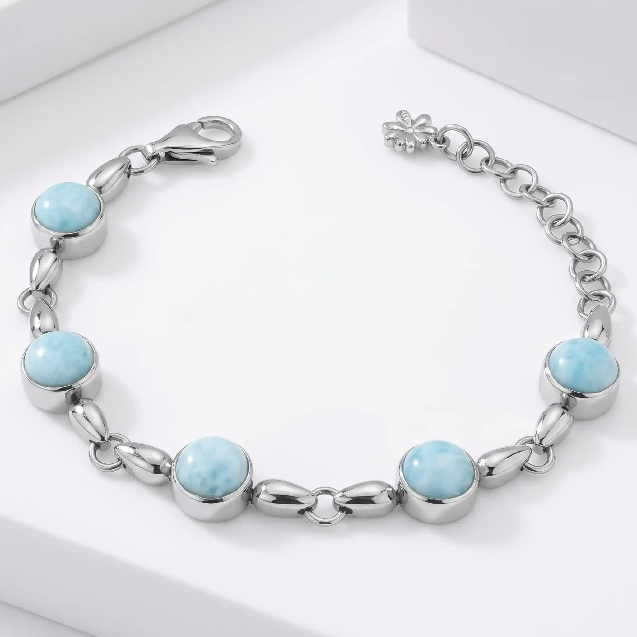 Larimar Sterling Silver Liquido Adjustable Link Bracelet Marahlago Jewelry round Gemstone 