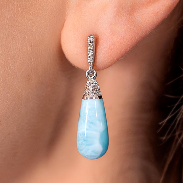 Larimar Sterling Silver Lucia Post Earrings Marahlago Jewelry pear Gemstone White Sapphire 