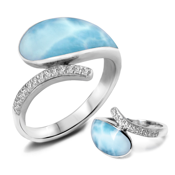 Larimar Sterling Silver Lucia Ring Marahlago Jewelry pear Gemstone White Sapphire 
