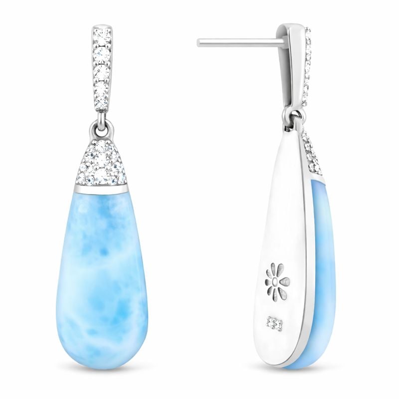 Larimar Sterling Silver Lucia Post Earrings Marahlago Jewelry pear Gemstone White Sapphire 