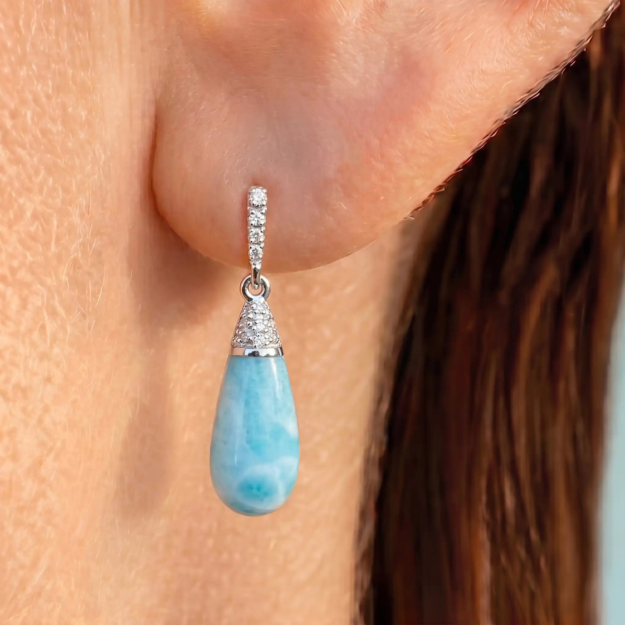 Larimar Sterling Silver Lucia Earrings Marahlago Jewelry pear Gemstone White Sapphire 