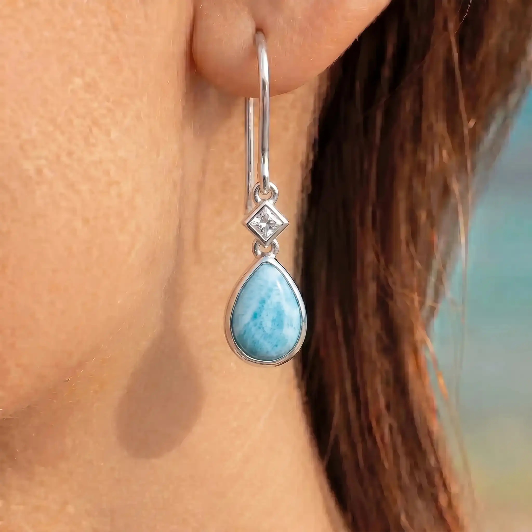 Larimar Stone Sterling Silver Luminara Drop Dangle Earrings Marahlago Jewelry Teardrop Gemstone White Sapphire 