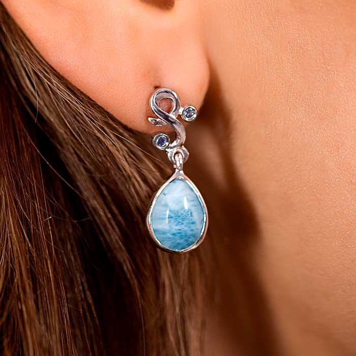 Larimar Sterling Silver Lyric Post Earrings Marahlago Jewelry pear Gemstone Blue Spinel