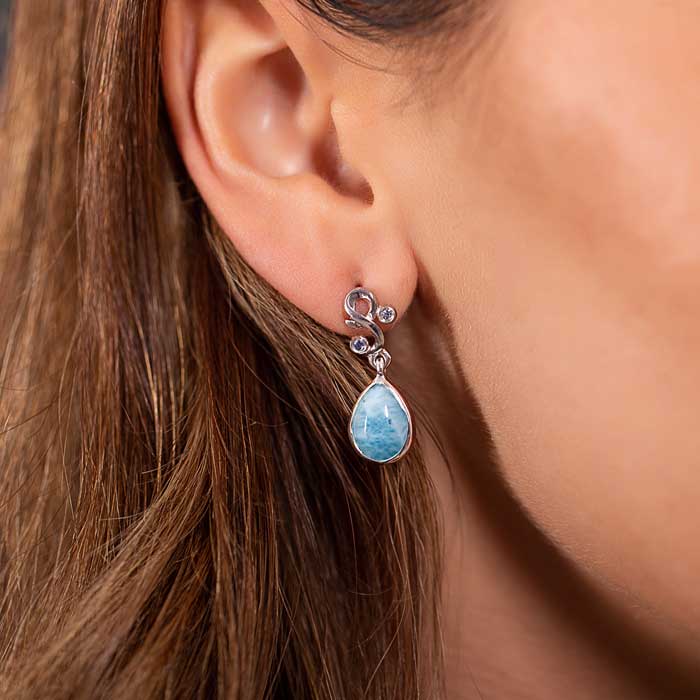 Larimar Sterling Silver Lyric Post Earrings Marahlago Jewelry pear Gemstone Blue Spinel
