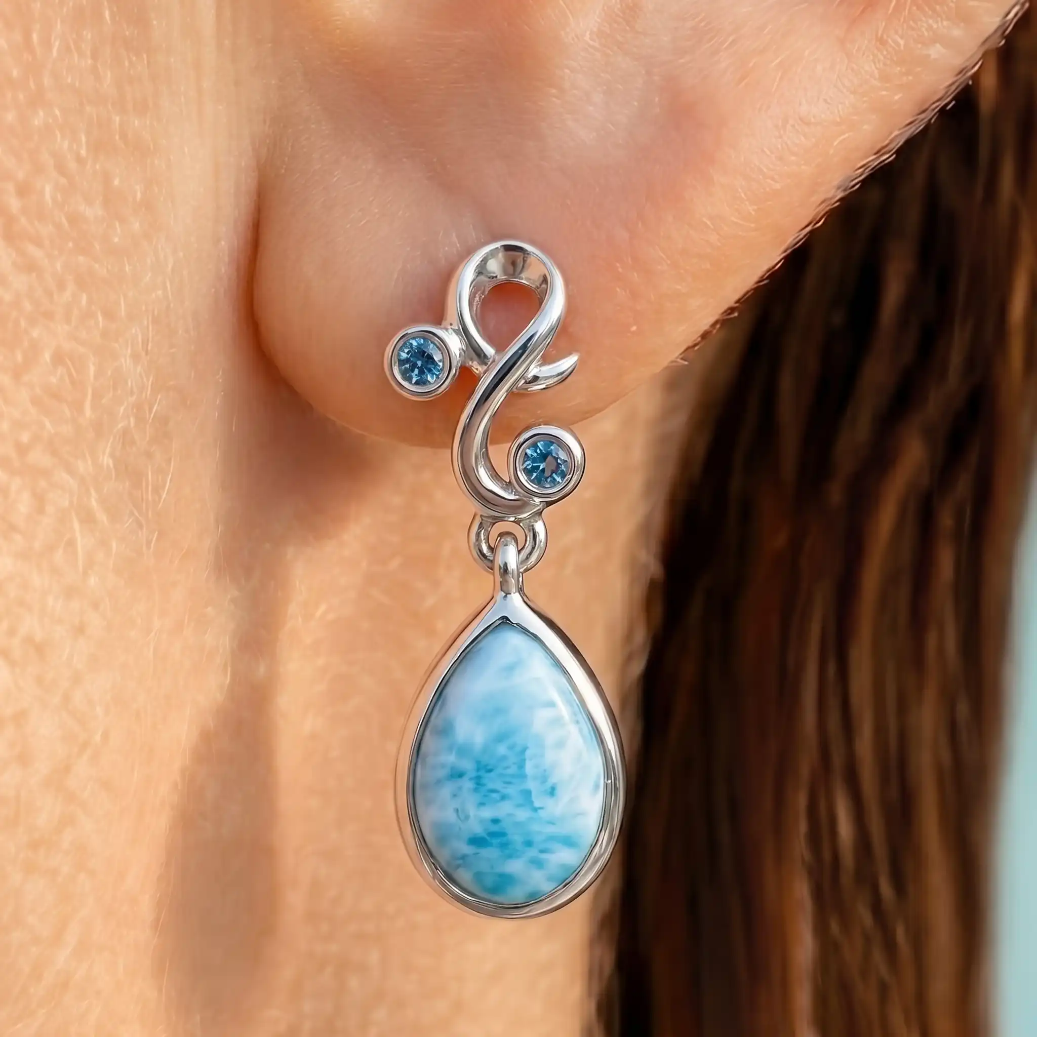 Larimar Sterling Silver Lyric Post Earrings Marahlago Jewelry pear Gemstone Blue Spinel 