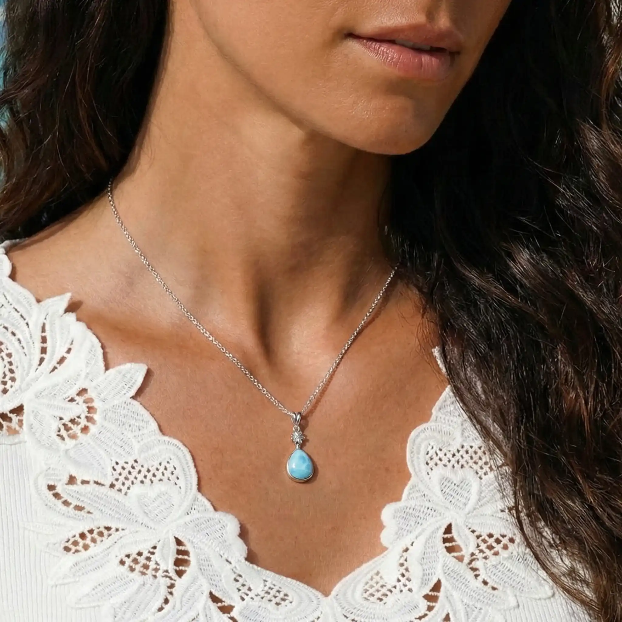 Larimar Sterling Silver ML Logo Pendant Necklace Marahlago Jewelry pear Gemstone 