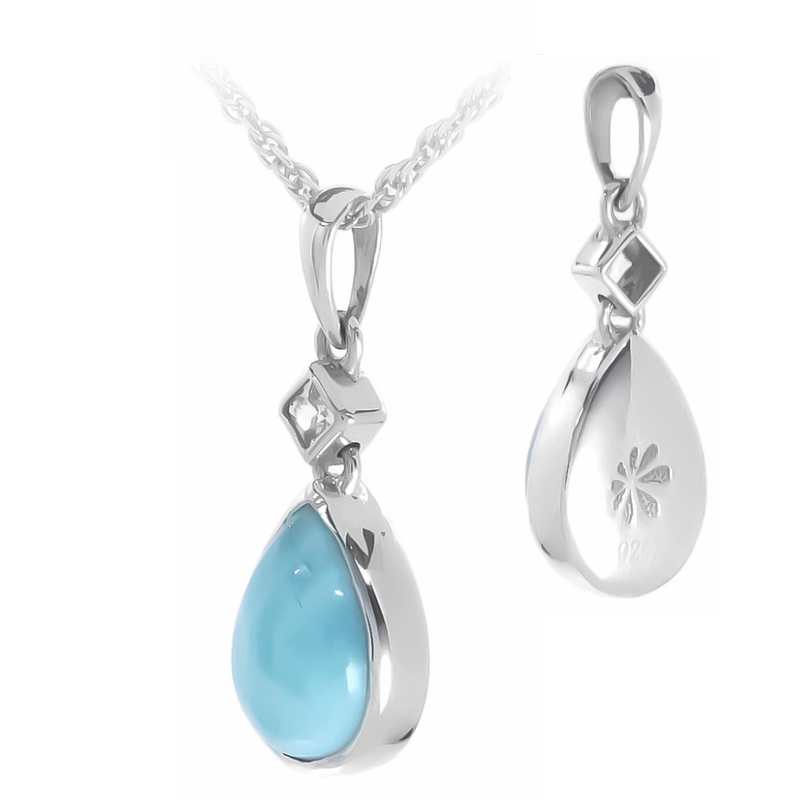 Larimar Necklace Sterling Silver Luminara  Pendant Marahlago Jewelry Teardrop Gemstone White Sapphire 