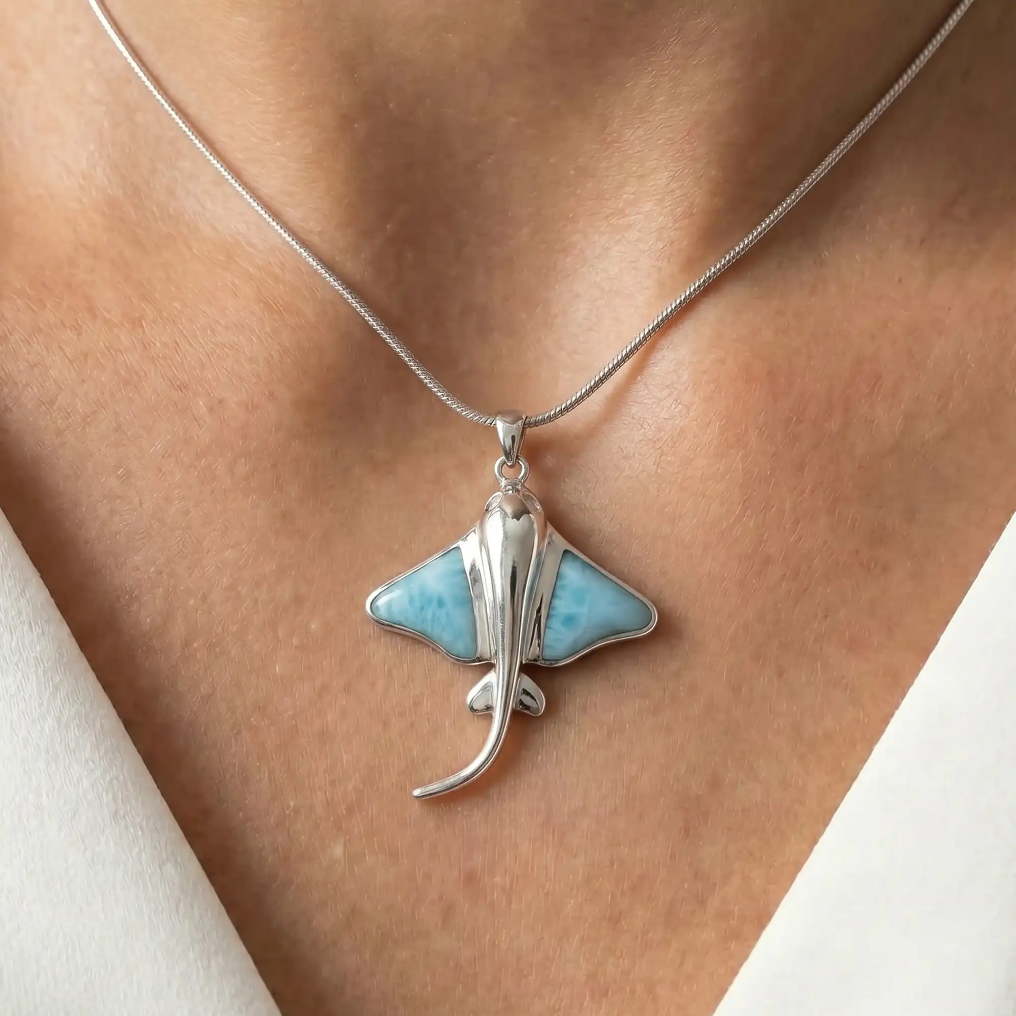 Manta Ray Pendant in sterling silver with larimar stone by Marahlago