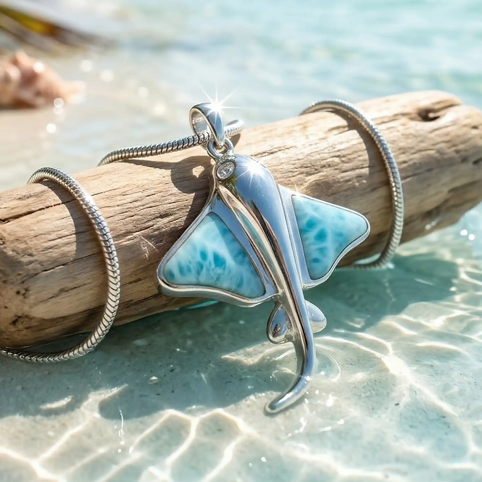 Manta Ray Pendant in sterling silver with larimar stone by Marahlago