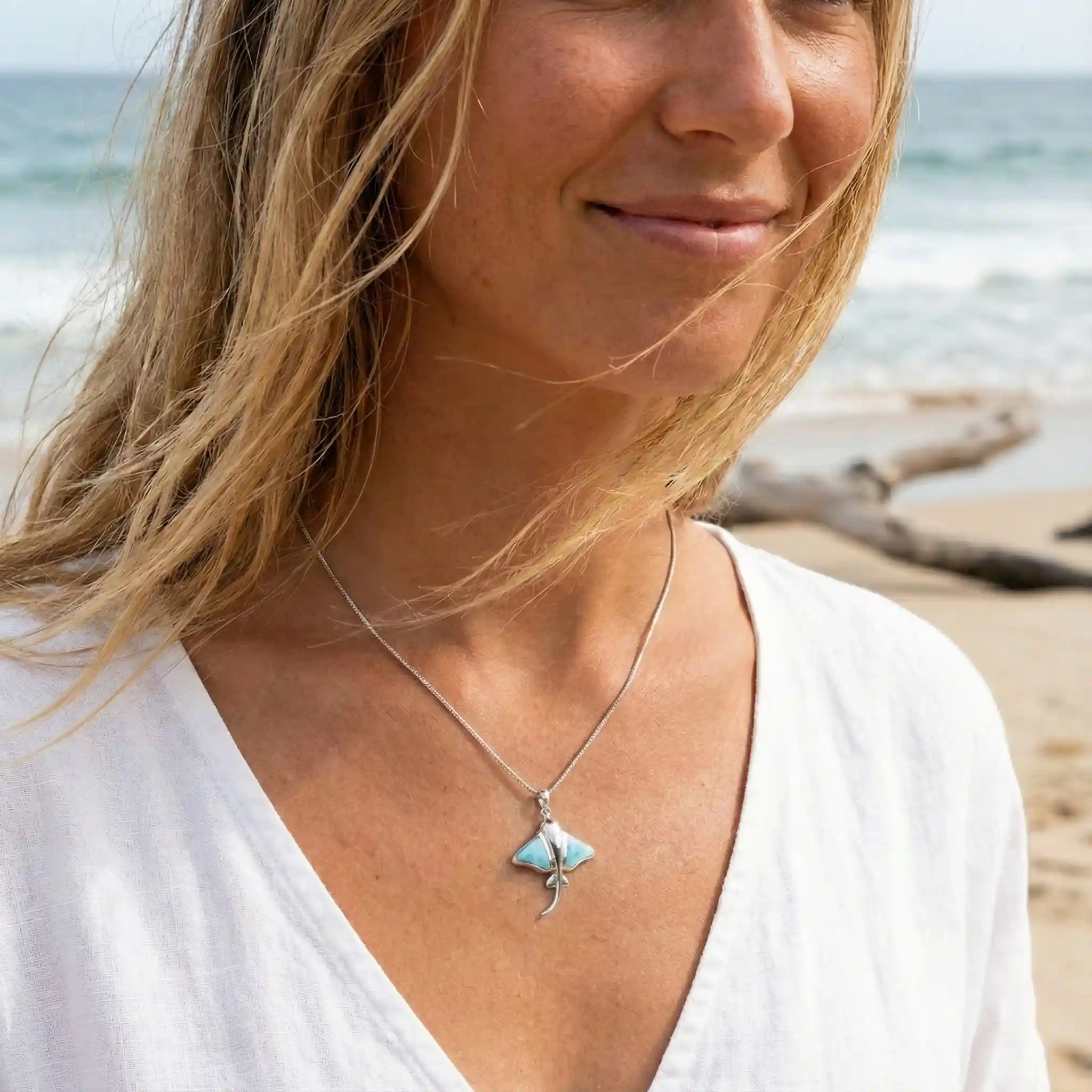 Manta Ray Pendant in sterling silver with larimar stone by Marahlago