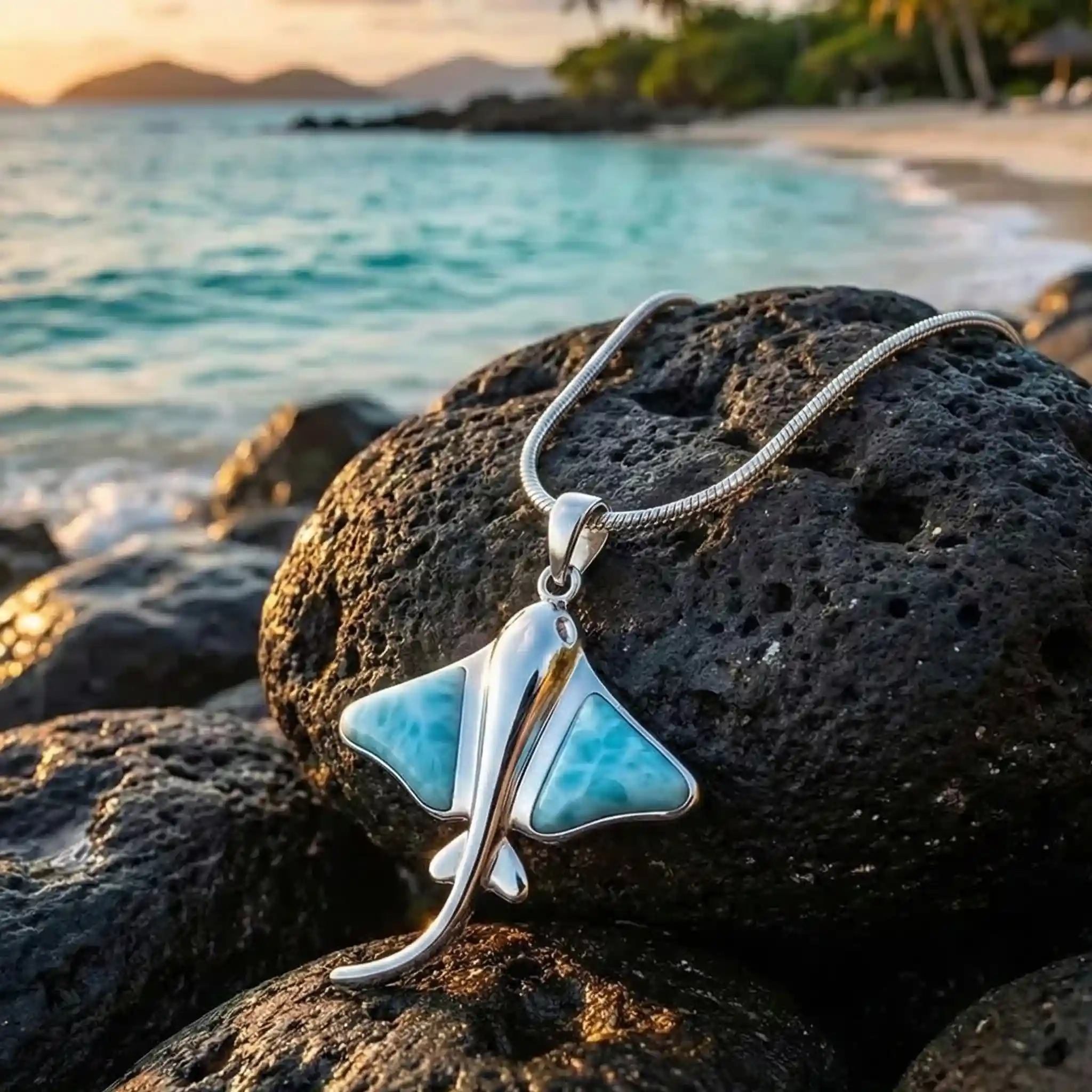 Manta Ray Pendant in sterling silver with larimar stone by Marahlago