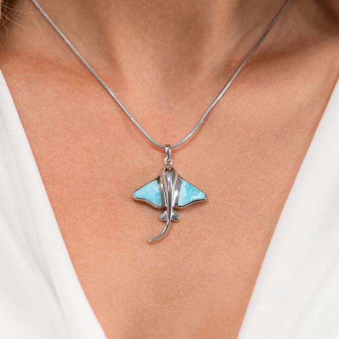 Manta Ray Pendant in sterling silver with larimar stone by Marahlago