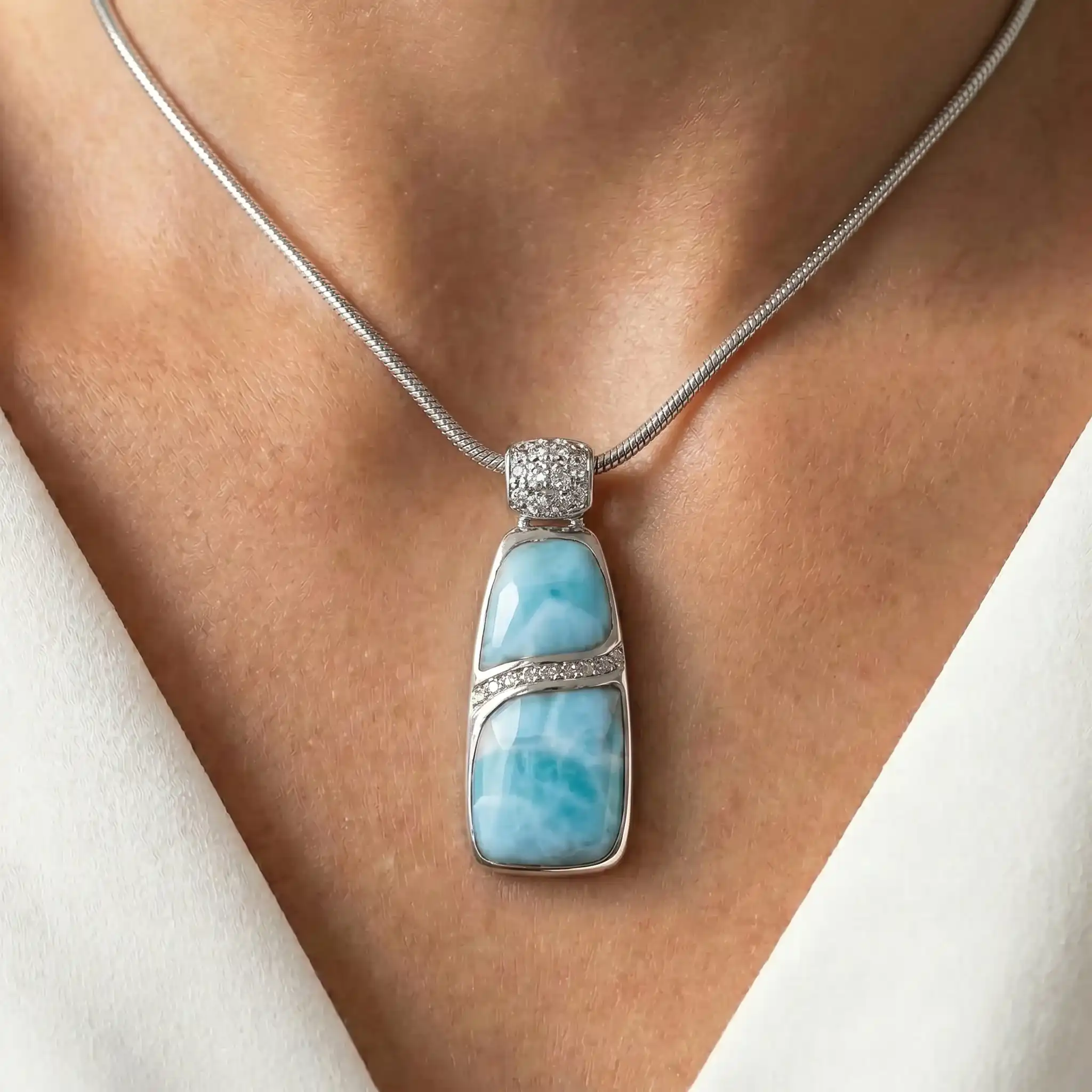Larimar Sterling Silver Marina Large Pendant Necklace Marahlago Jewelry White Sapphire 