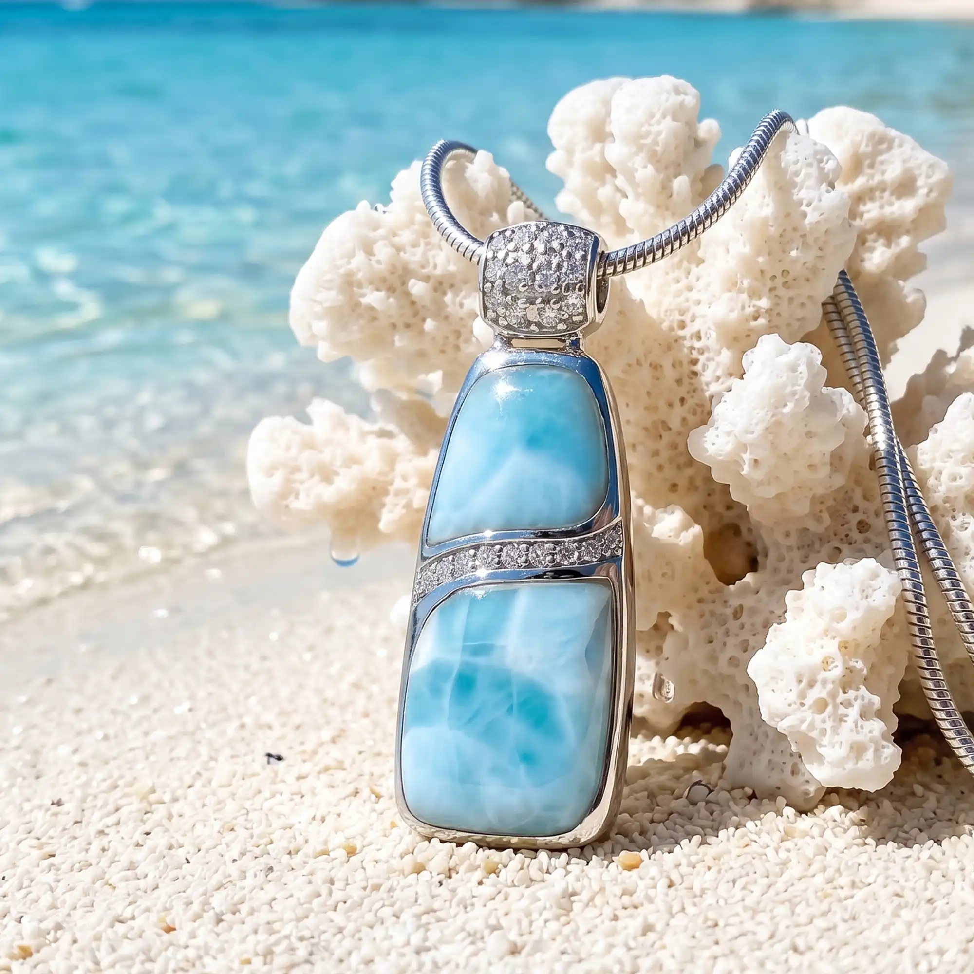 Larimar Sterling Silver Marina Large Pendant Necklace Marahlago Jewelry White Sapphire 