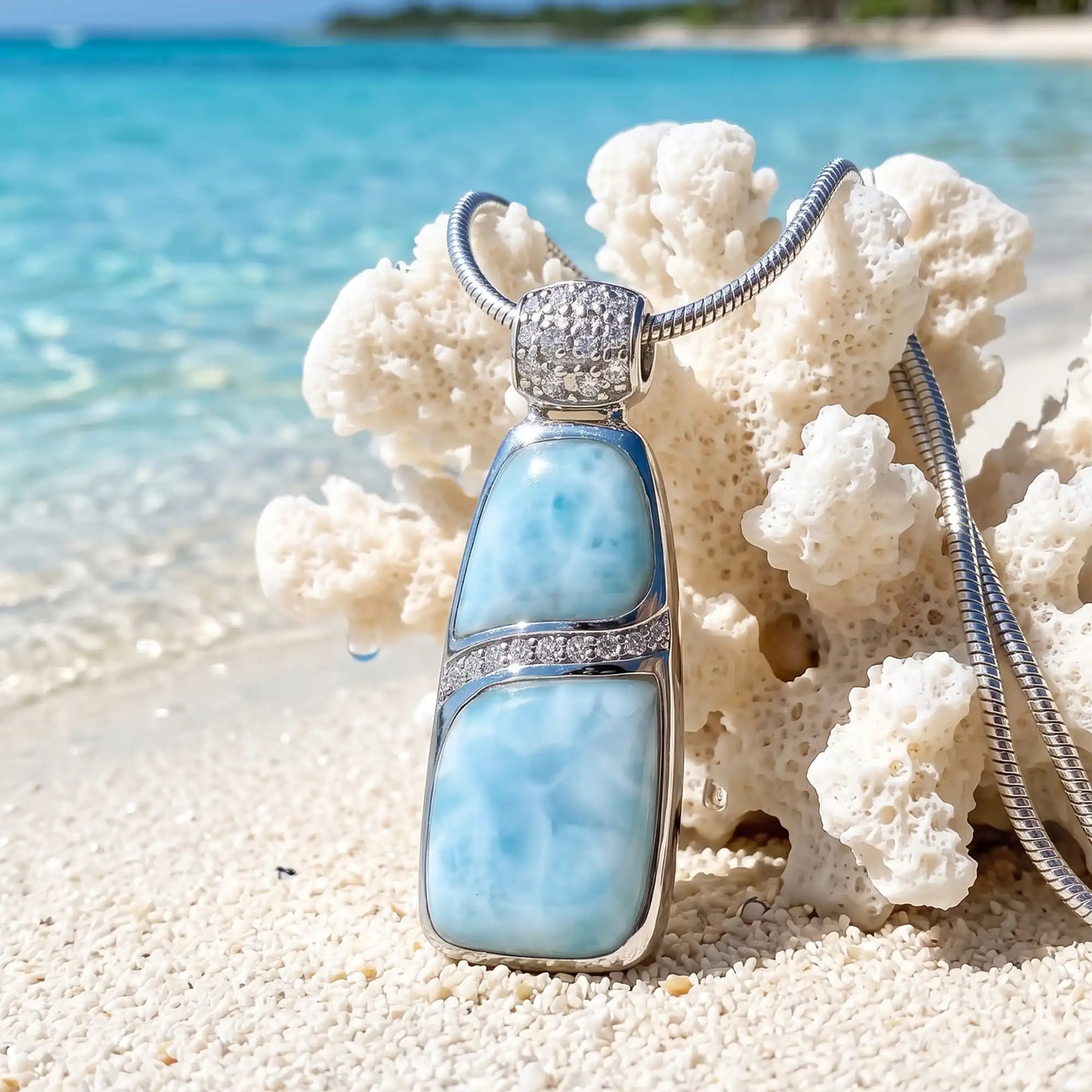 Larimar Sterling Silver Marina Large Pendant Necklace Marahlago Jewelry White Sapphire 