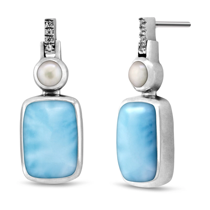 Womens Pearl Earrings in silver with larimar