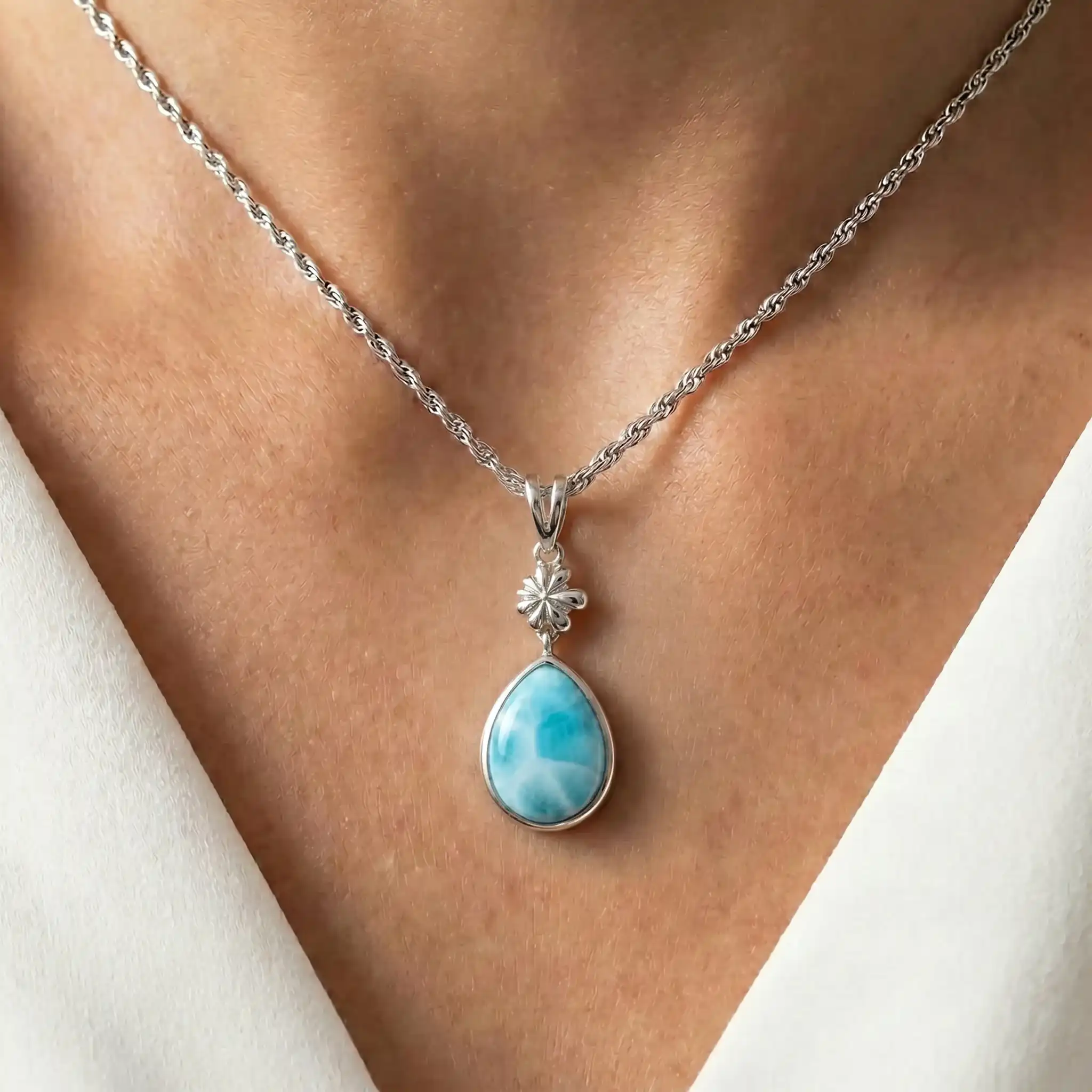 Larimar Sterling Silver ML Logo Pendant Necklace Marahlago Jewelry pear Gemstone 