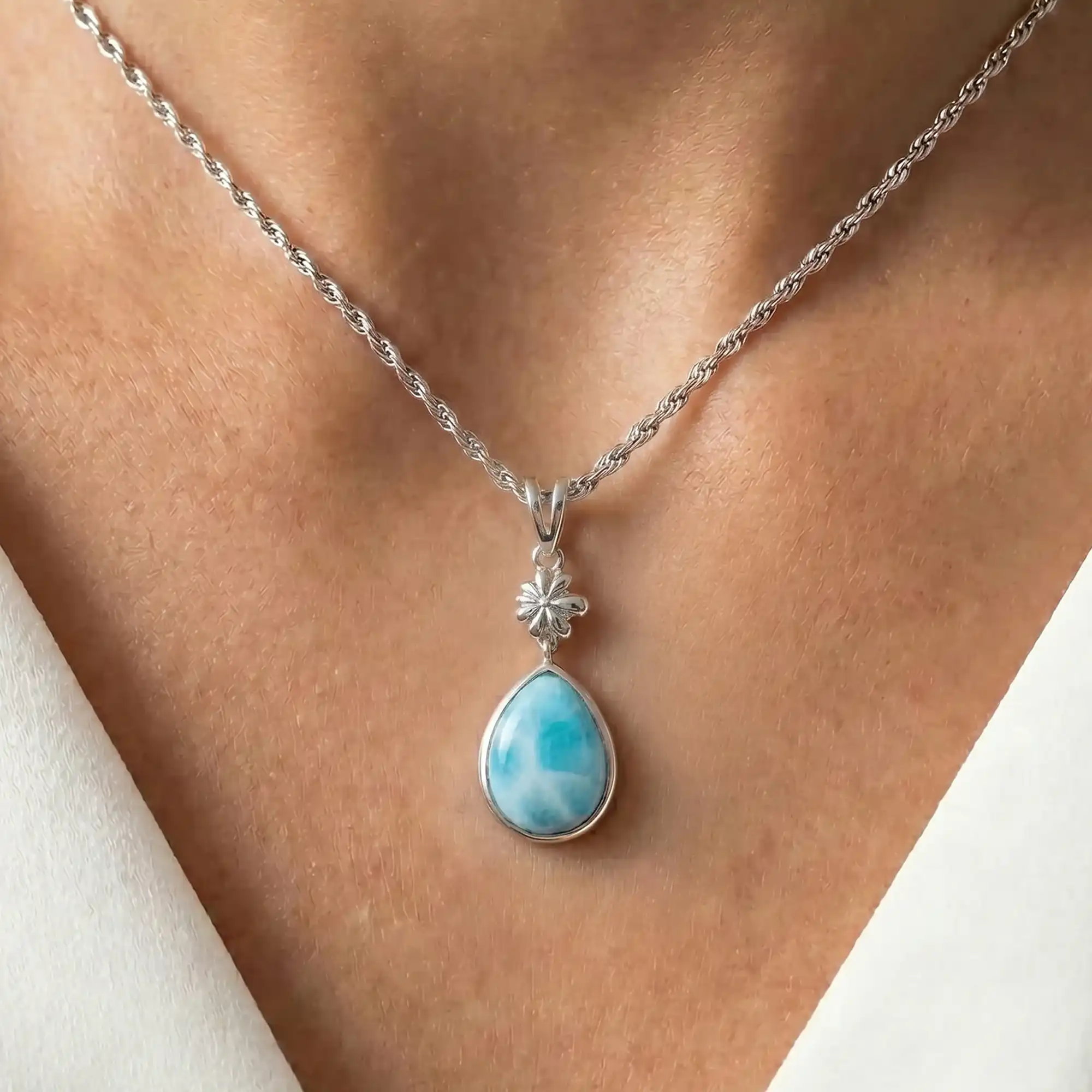 Larimar Sterling Silver ML Logo Pendant Necklace Marahlago Jewelry pear Gemstone 