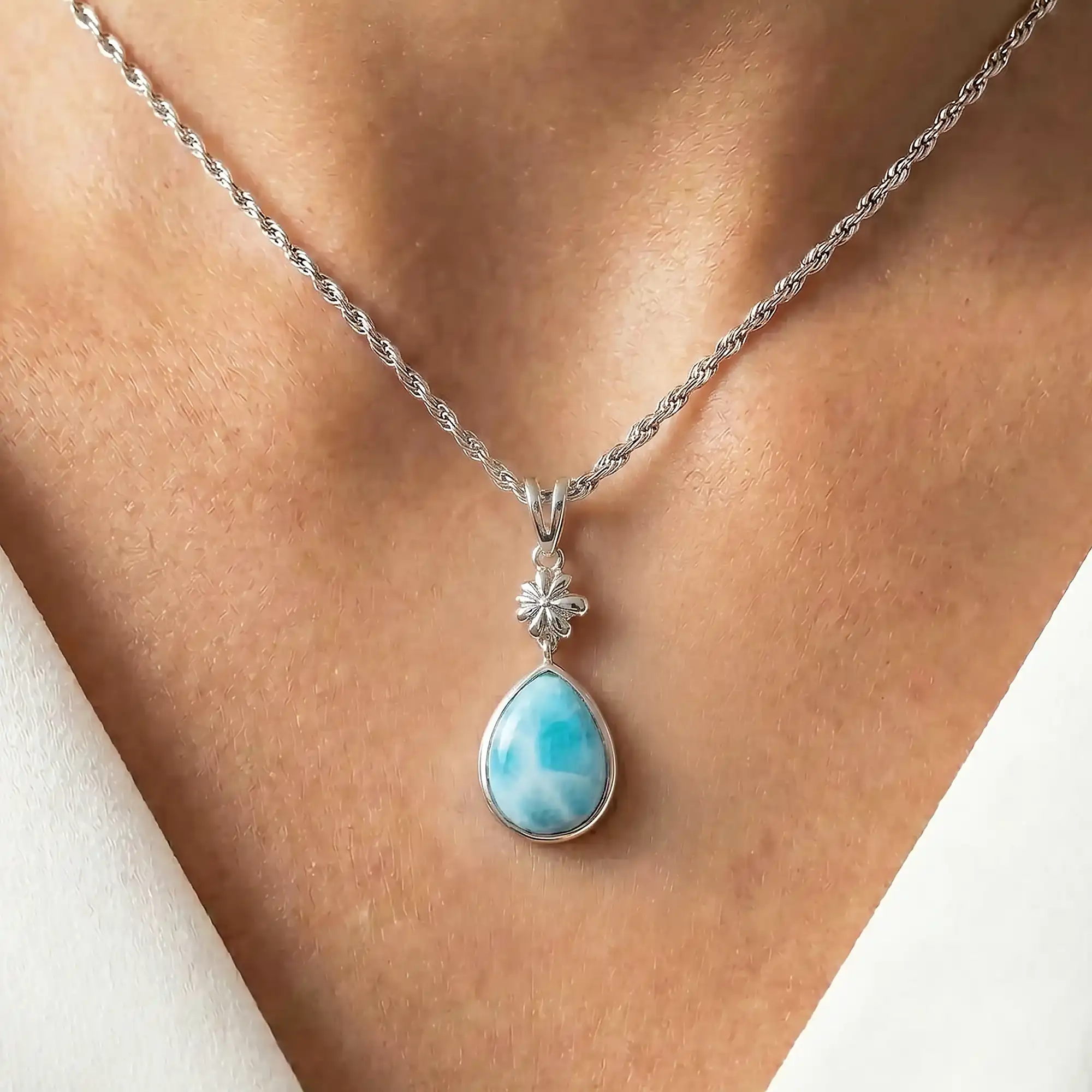 Larimar Sterling Silver ML Logo Pendant Necklace Marahlago Jewelry pear Gemstone 