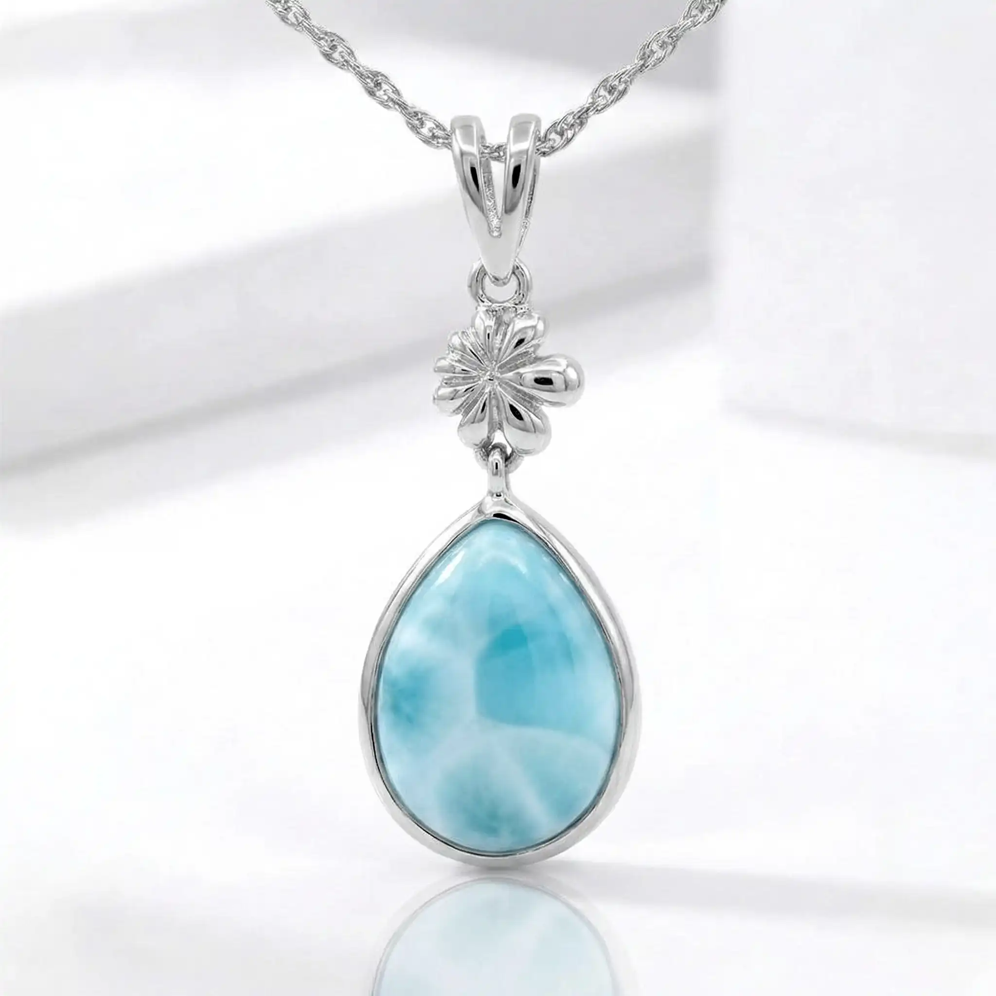 Larimar Sterling Silver ML Logo Pendant Necklace Marahlago Jewelry pear Gemstone 