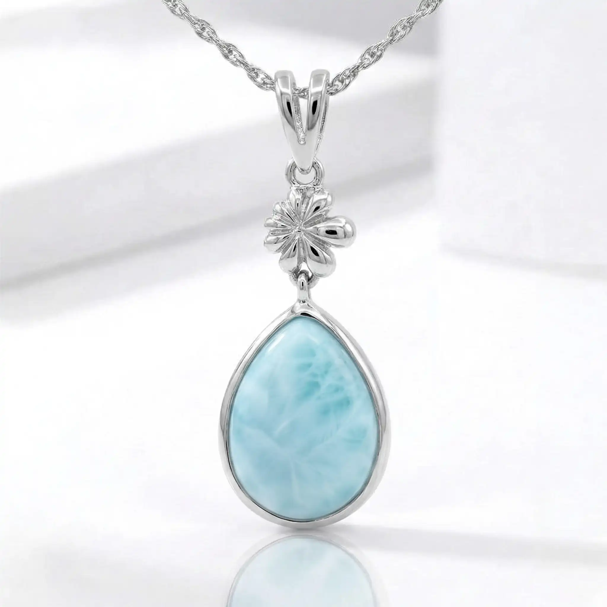 Larimar Sterling Silver ML Logo Pendant Necklace Marahlago Jewelry pear Gemstone 