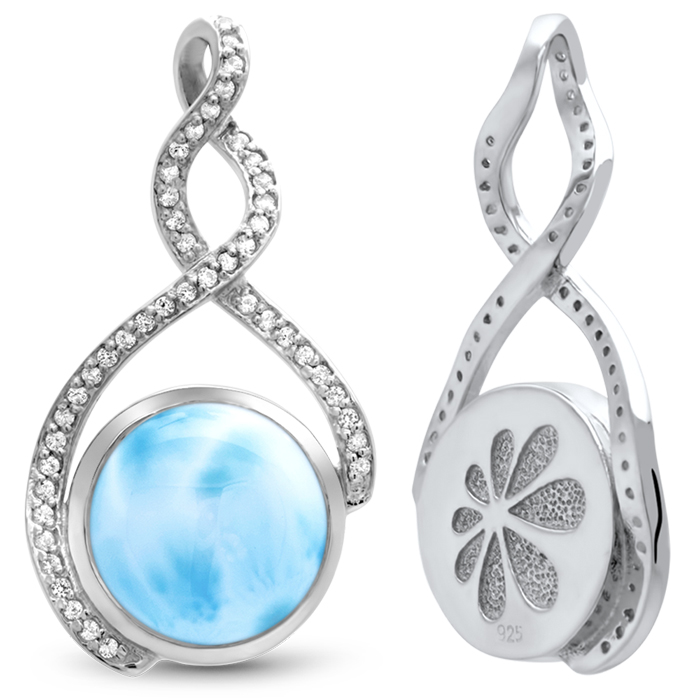 Larimar Sterling Silver Adella Pendant Necklace Marahlago Jewelry round Gemstone White Sapphire 
