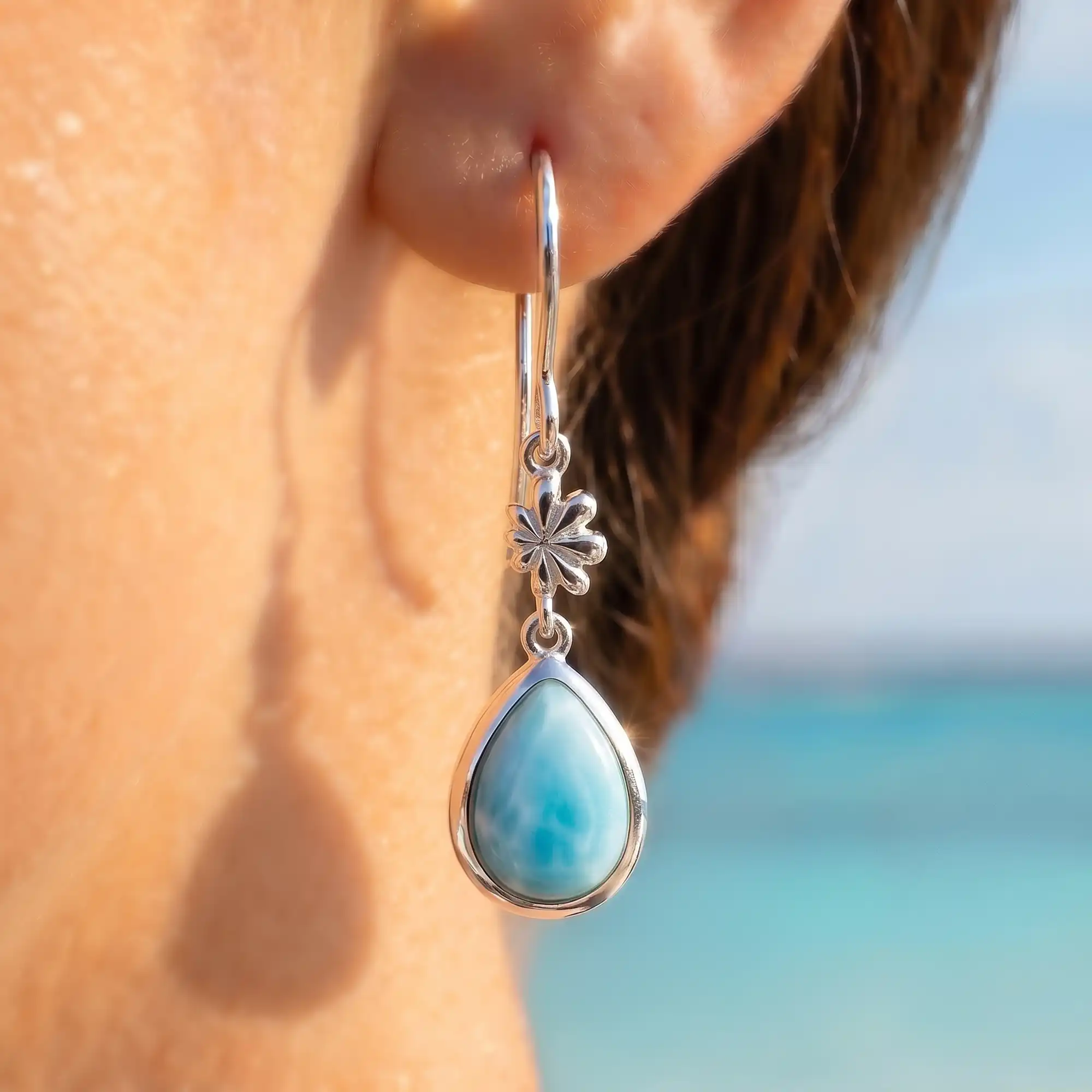 Larimar Sterling Silver ML Logo Wire Earrings Marahlago Jewelry pear Gemstone 