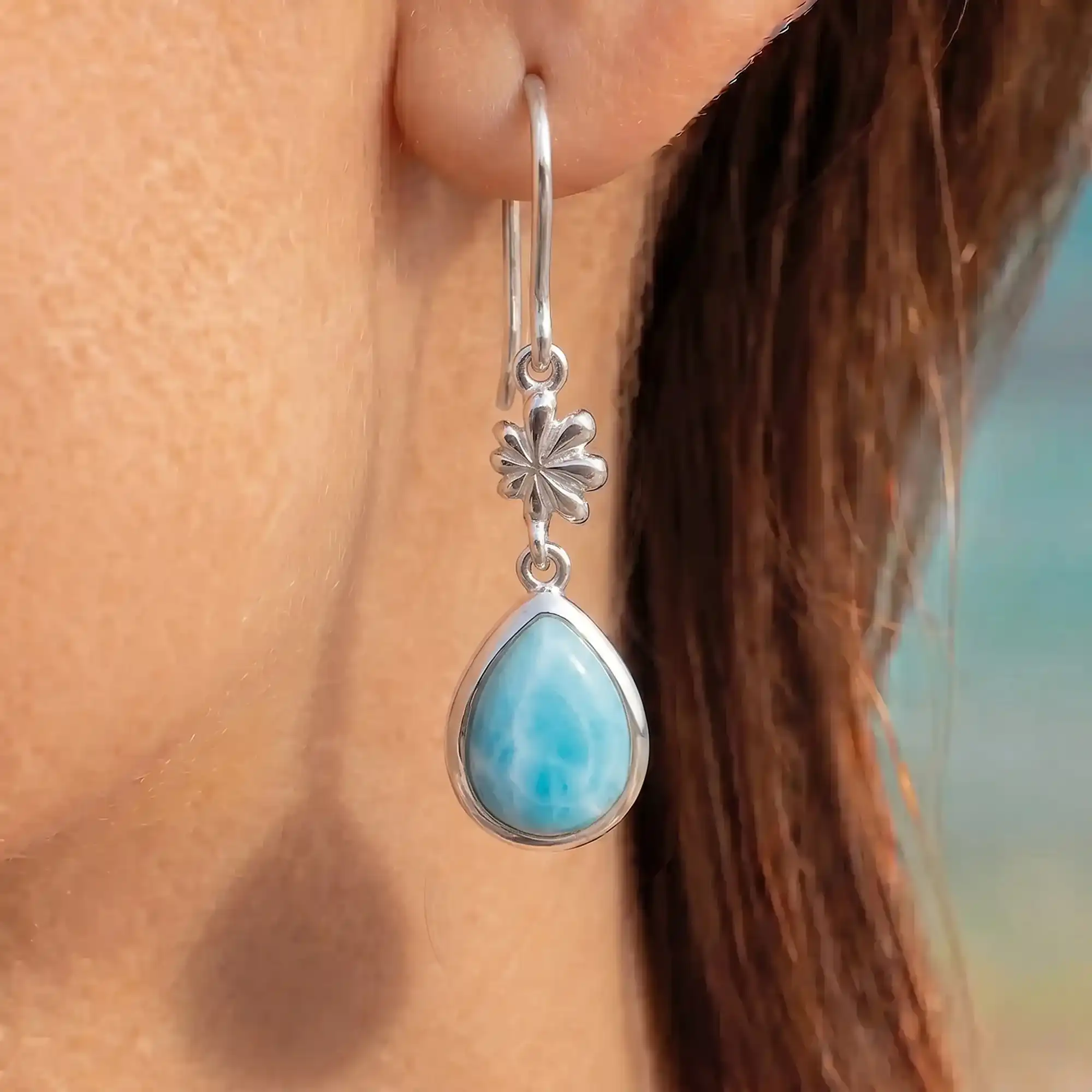 Larimar Sterling Silver ML Logo Wire Earrings Marahlago Jewelry pear Gemstone 