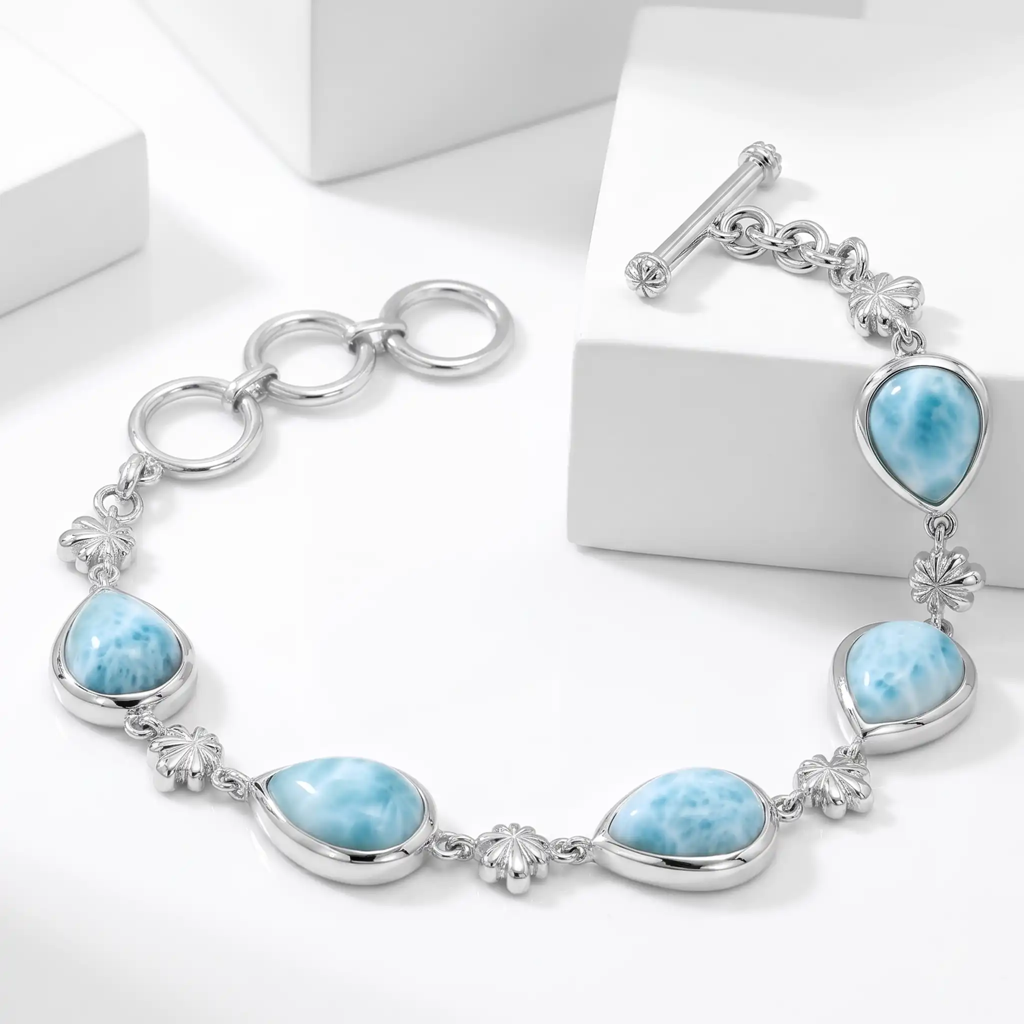 Larimar Sterling Silver ML Logo Adjustable Link Bracelet Marahlago Jewelry pear Gemstone 